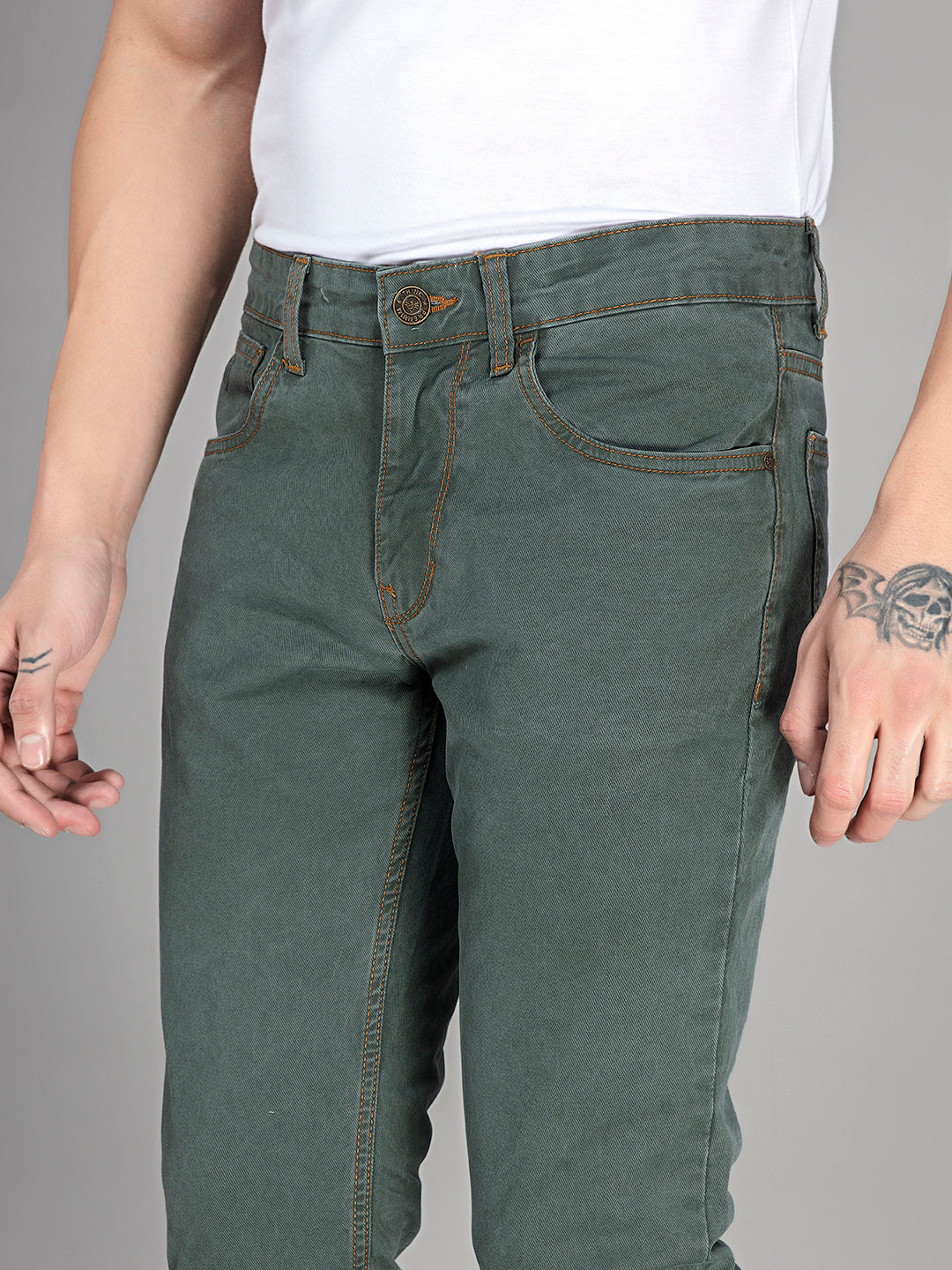 Olive Aura: Streamlined Slim-Fit Denim Jeans