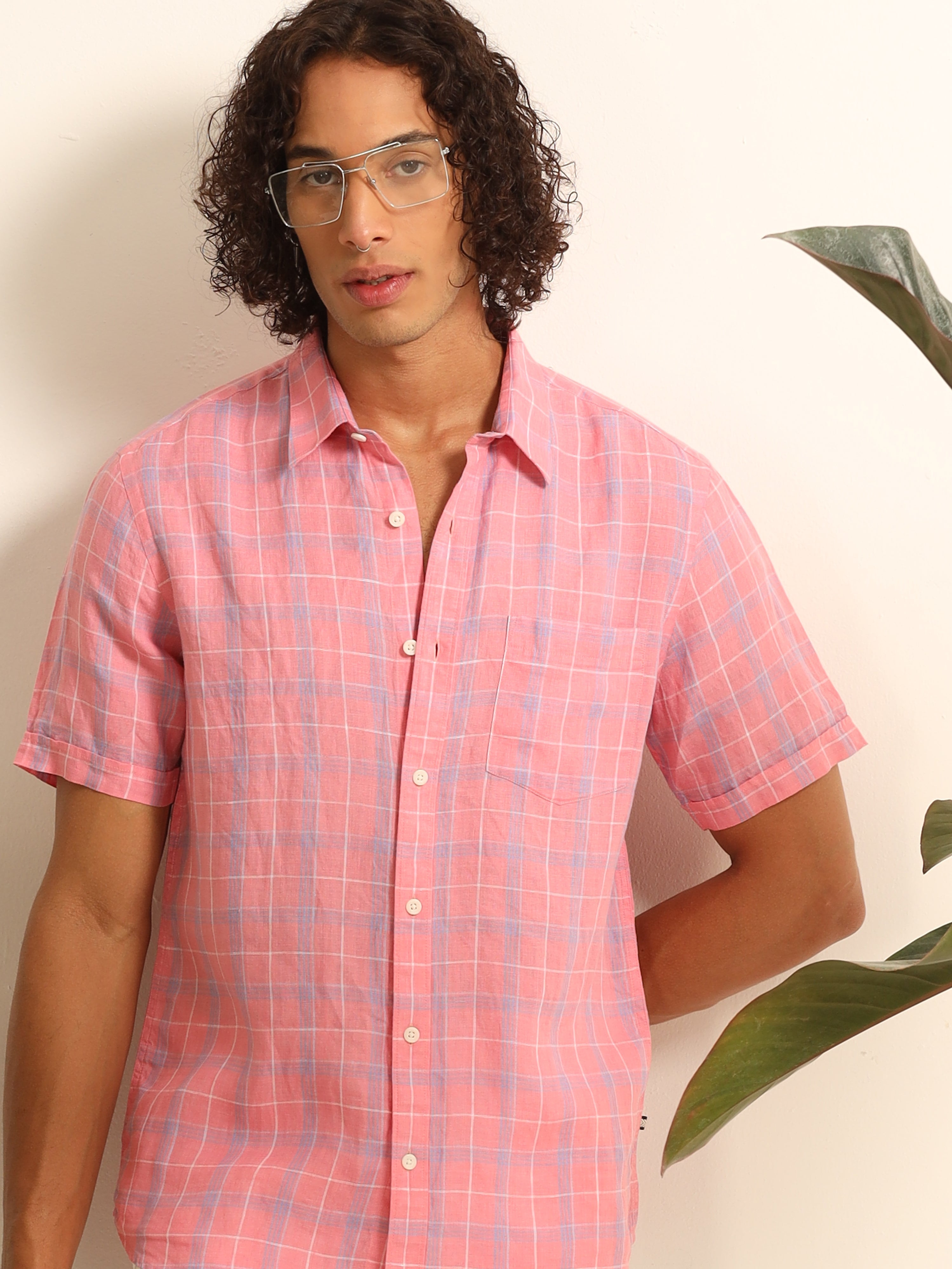 Whimsically Pink: Exquisitely Checked 100% Linen Shirt