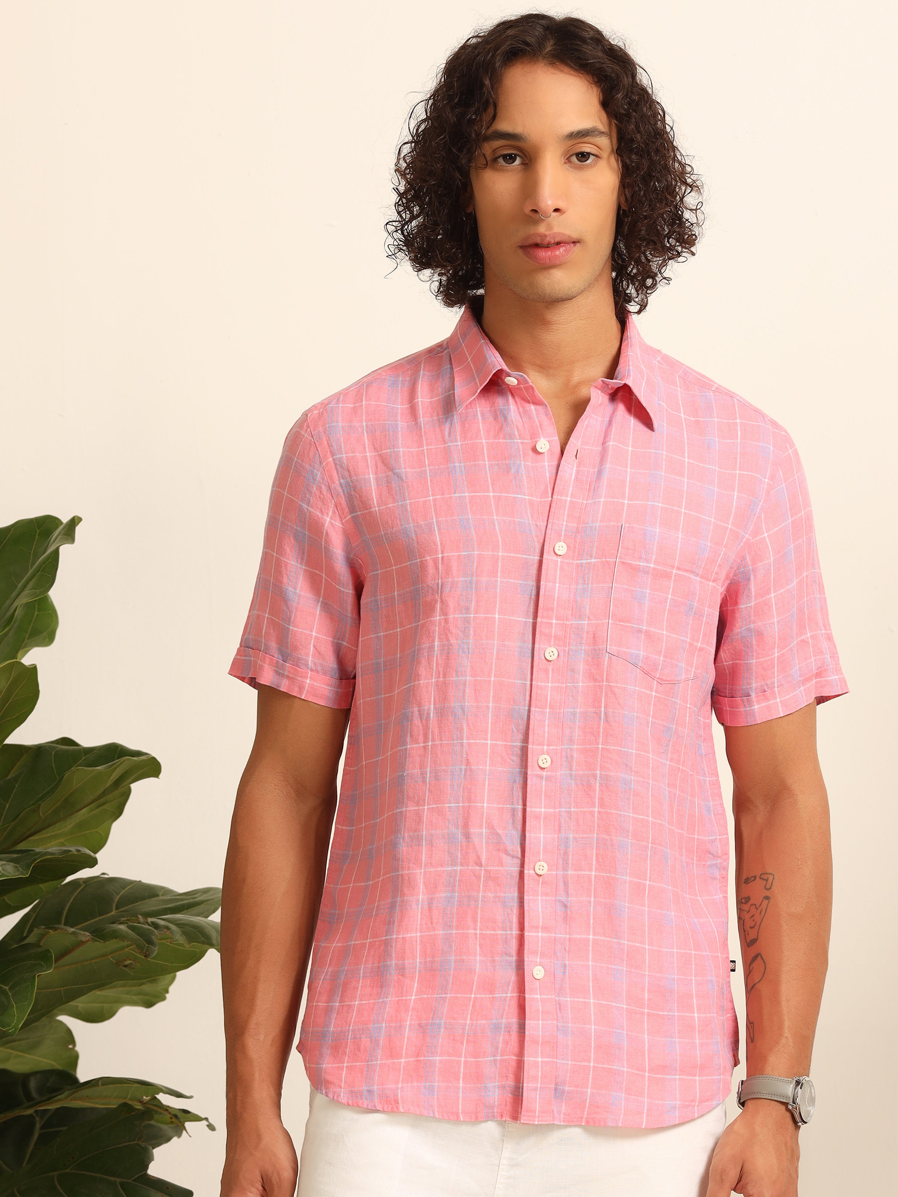 Whimsically Pink: Exquisitely Checked 100% Linen Shirt