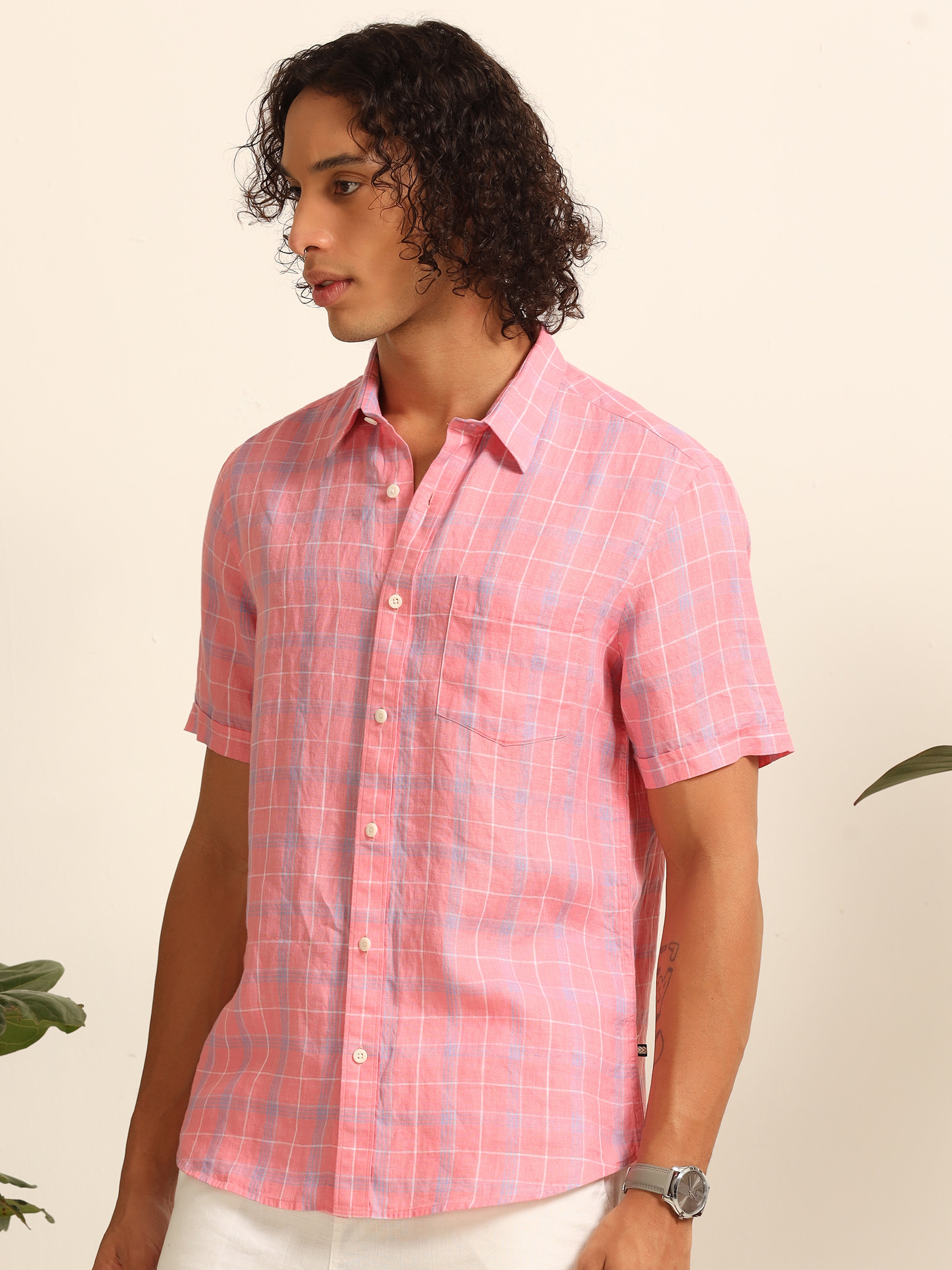 Whimsically Pink: Exquisitely Checked 100% Linen Shirt