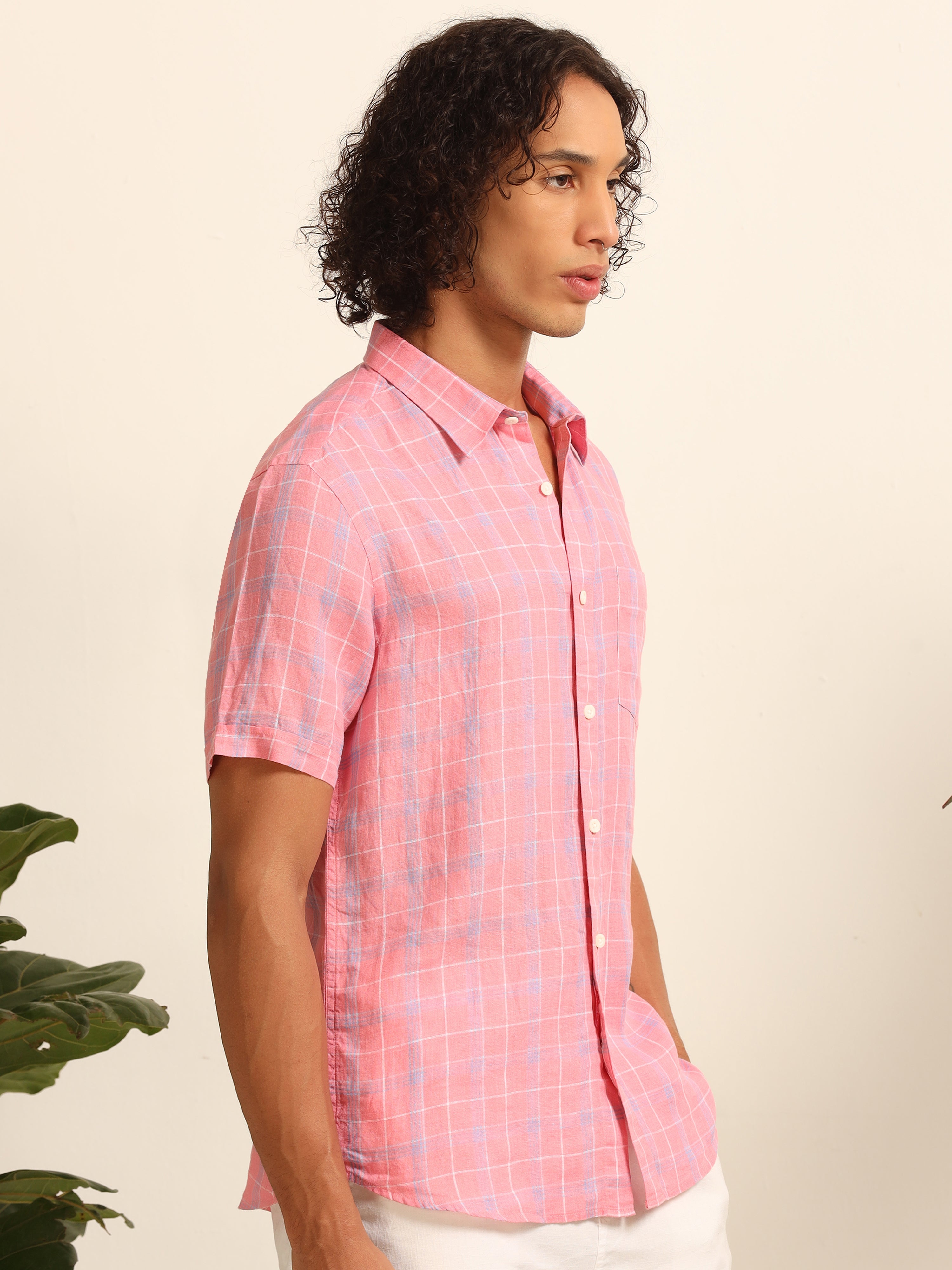 Whimsically Pink: Exquisitely Checked 100% Linen Shirt