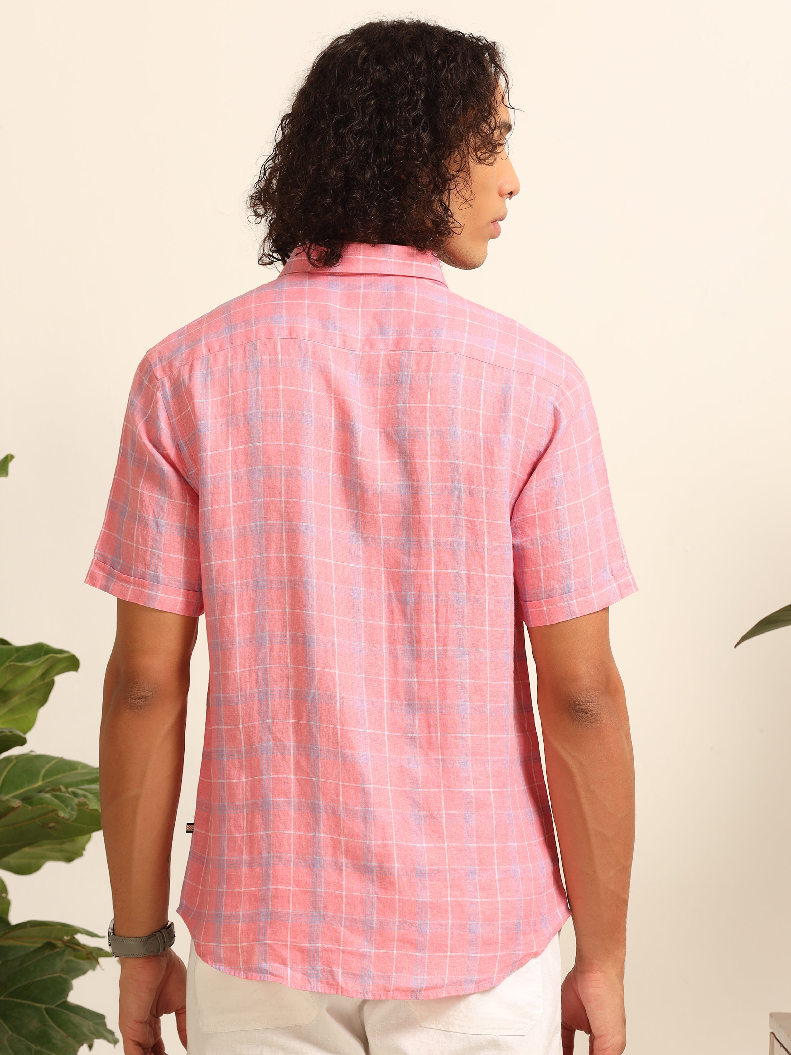 Whimsically Pink: Exquisitely Checked 100% Linen Shirt