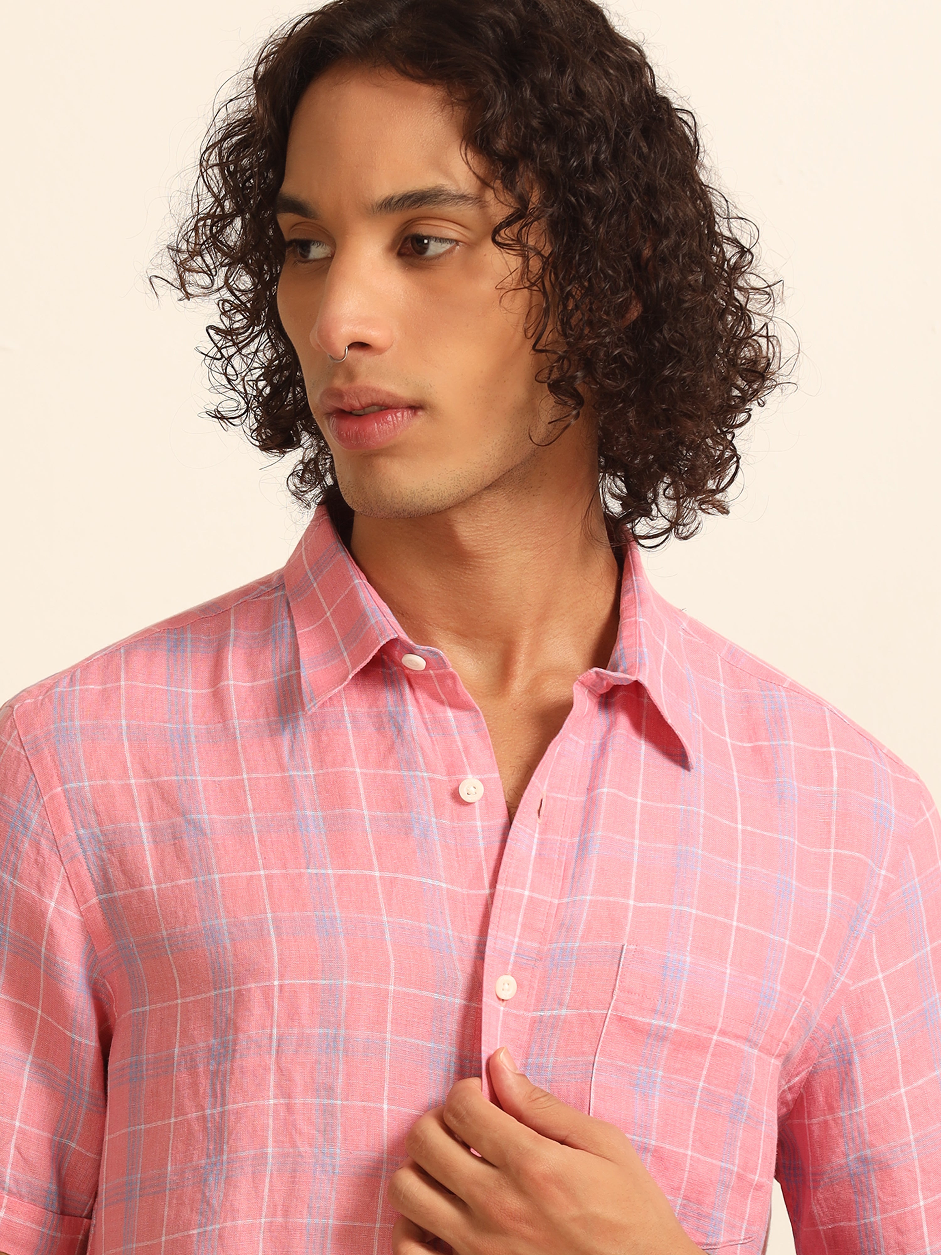 Whimsically Pink: Exquisitely Checked 100% Linen Shirt