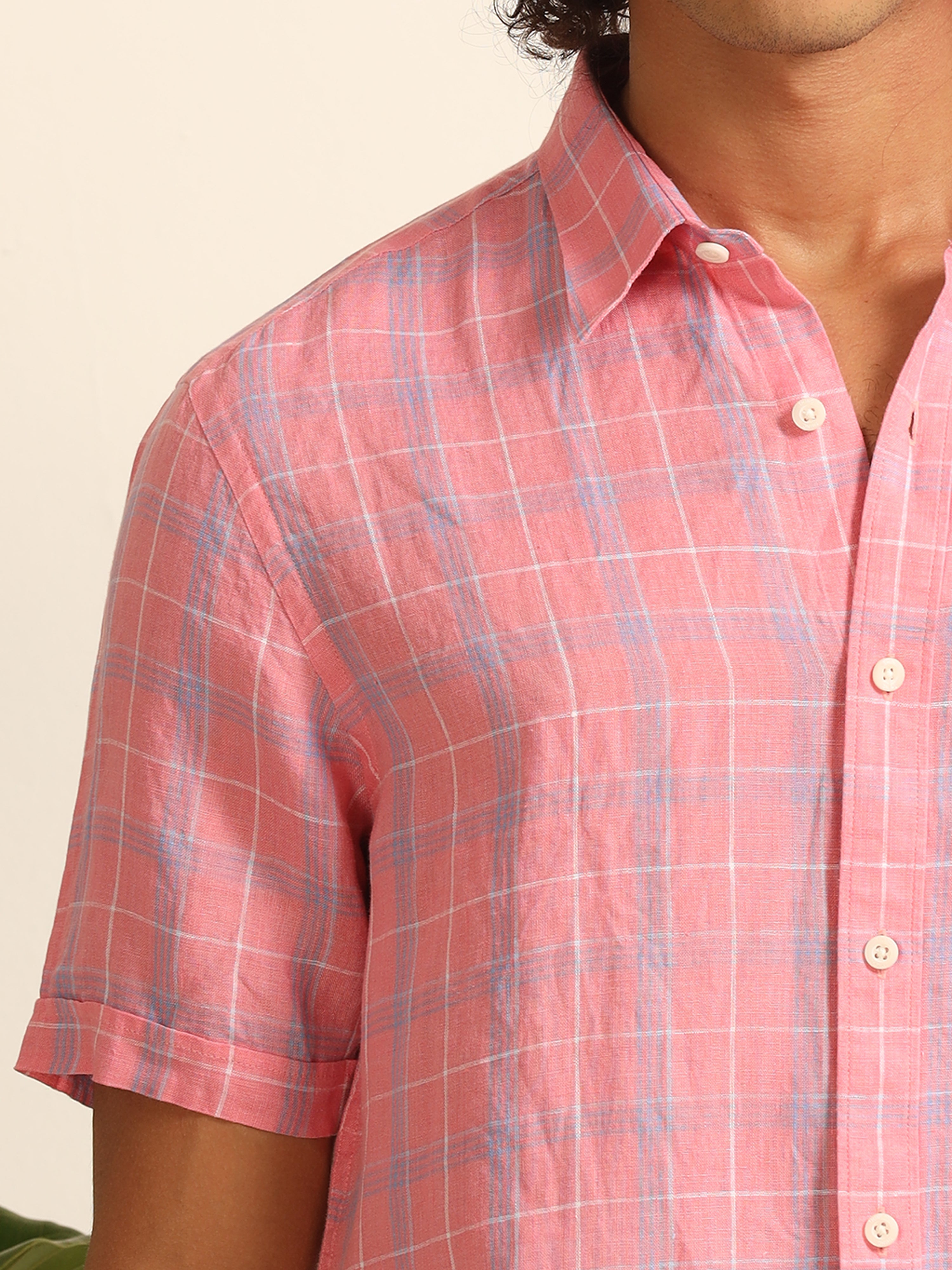 Whimsically Pink: Exquisitely Checked 100% Linen Shirt