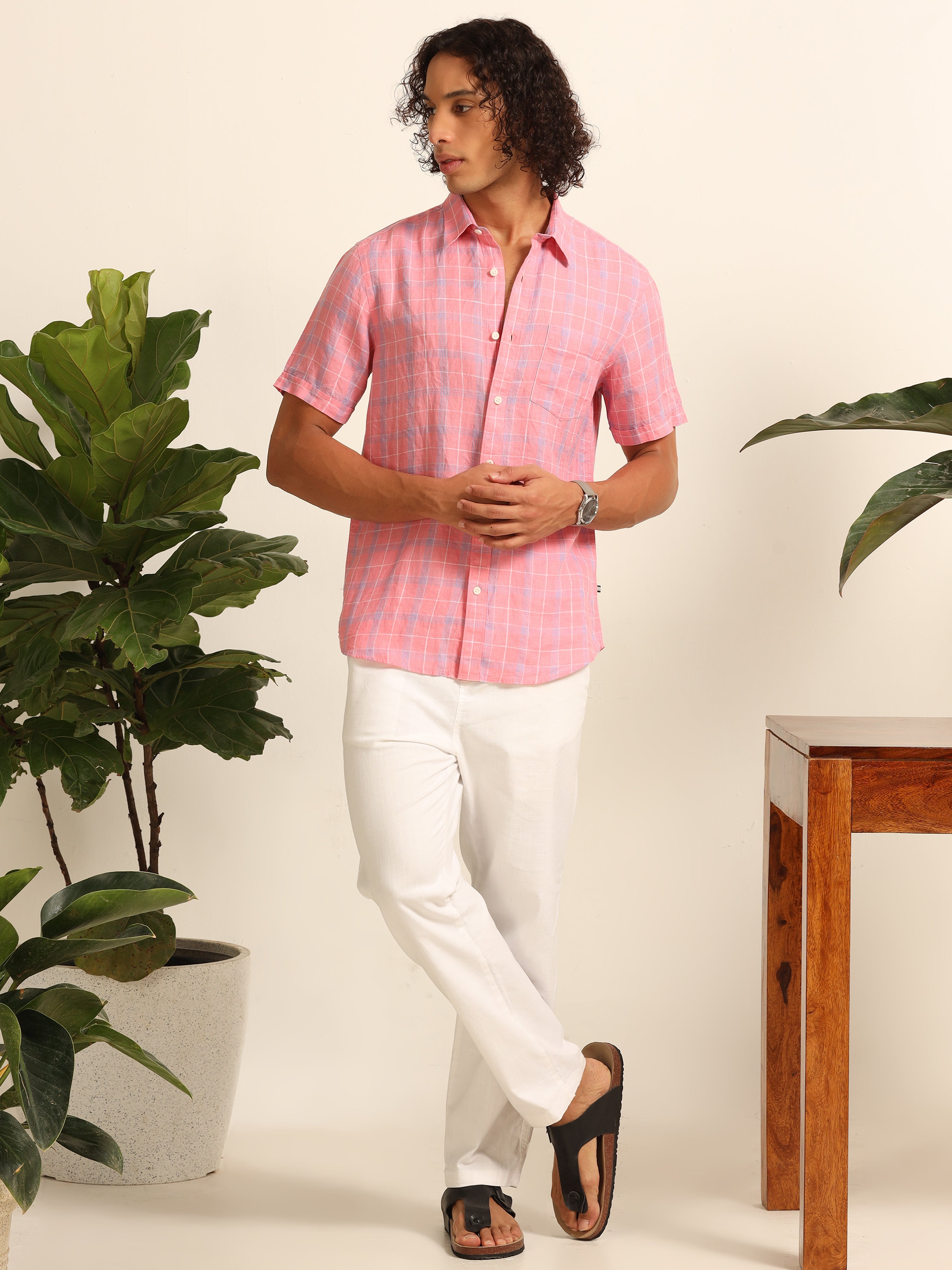 Whimsically Pink: Exquisitely Checked 100% Linen Shirt