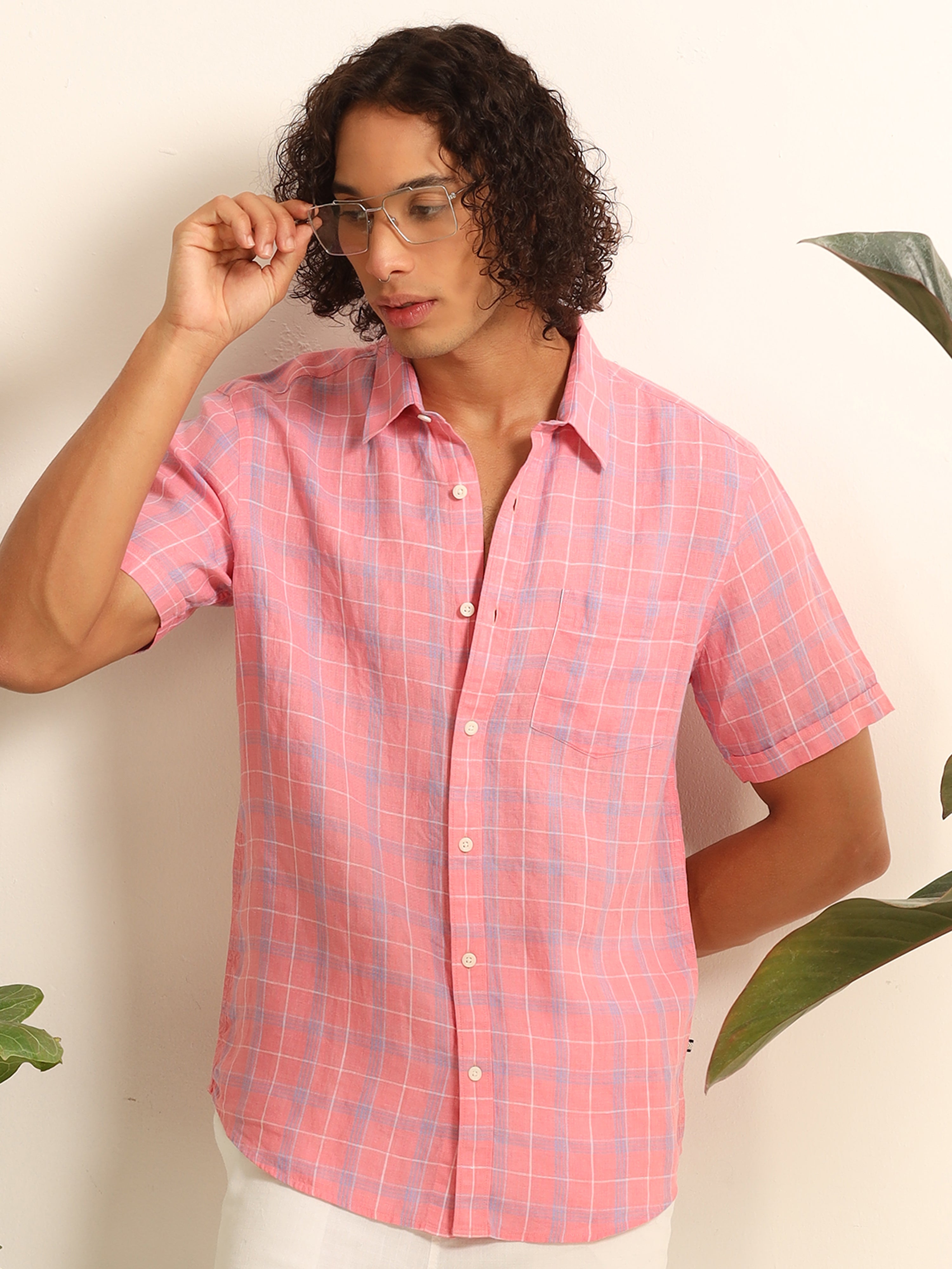 Whimsically Pink: Exquisitely Checked 100% Linen Shirt