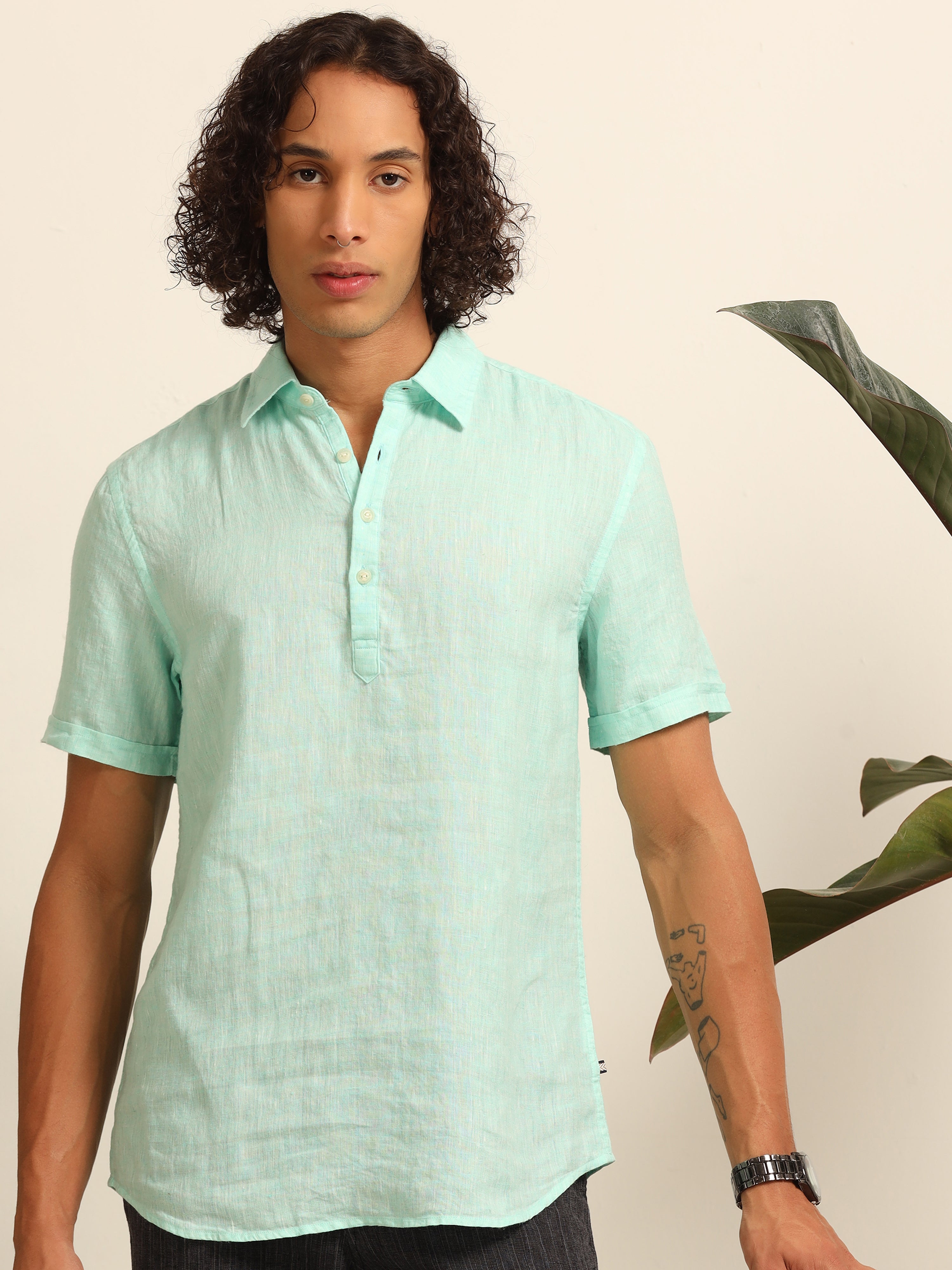 Wave blue 55% linen shirt