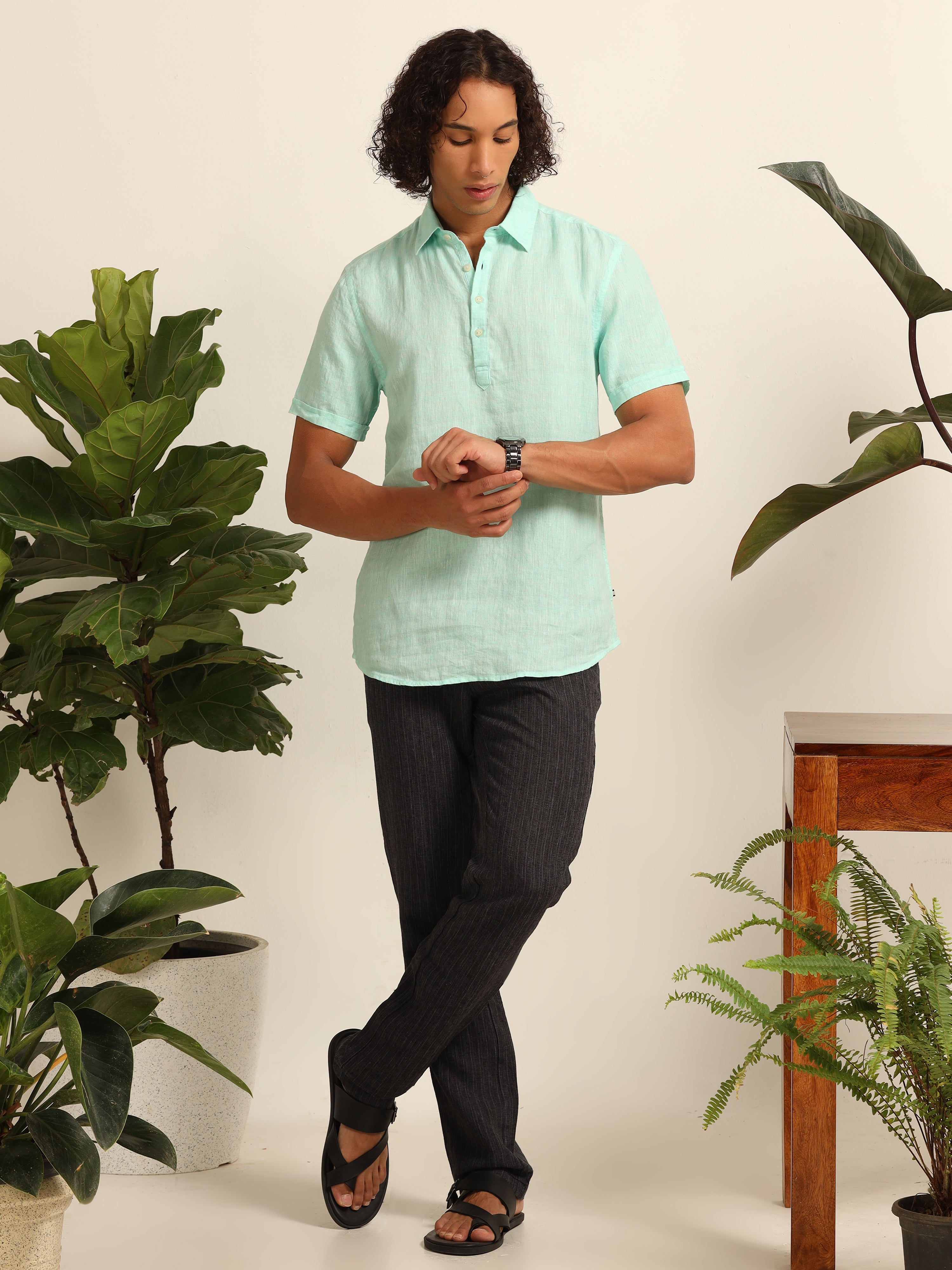 Wave blue 55% linen shirt