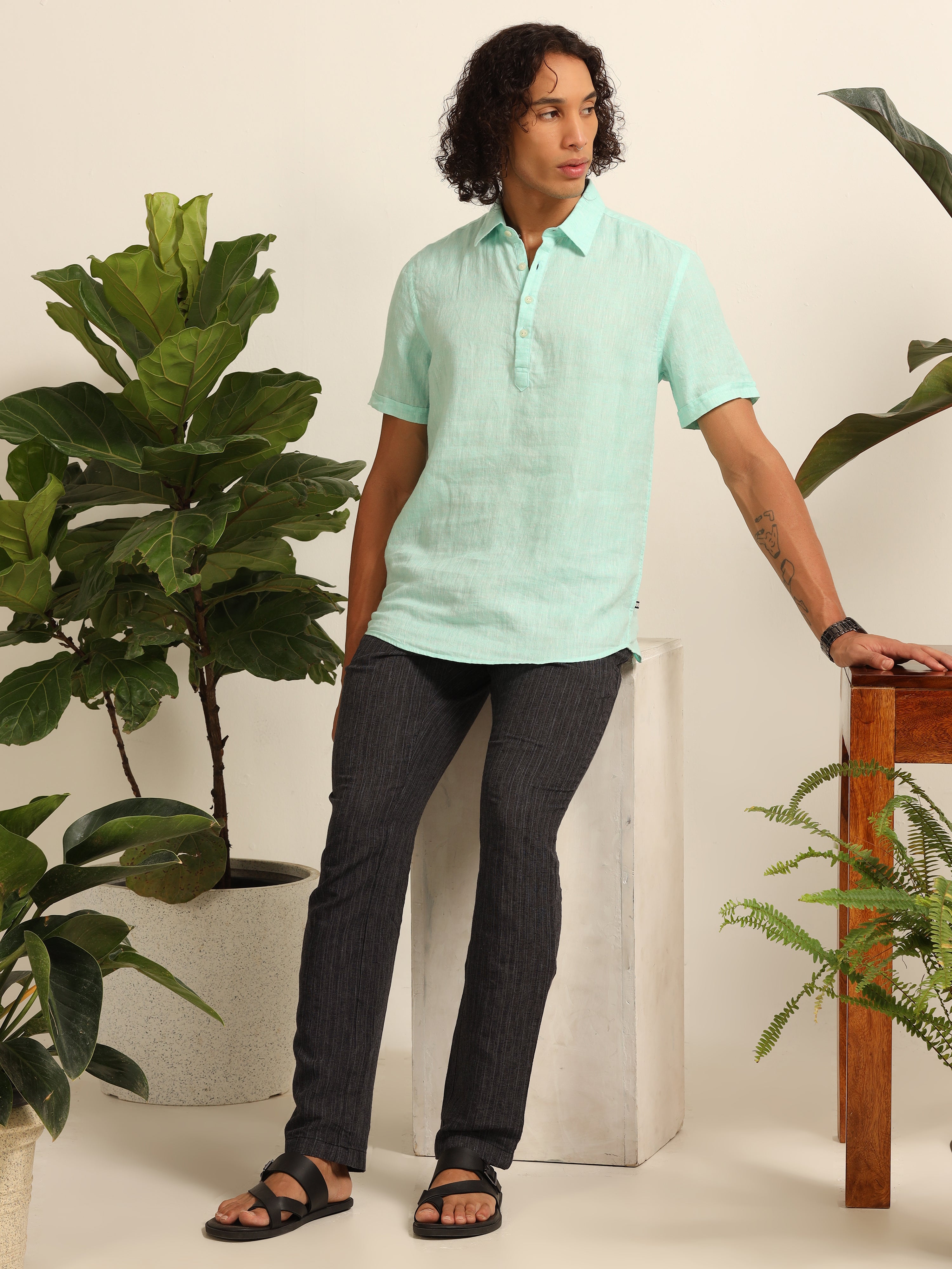 Wave blue 55% linen shirt