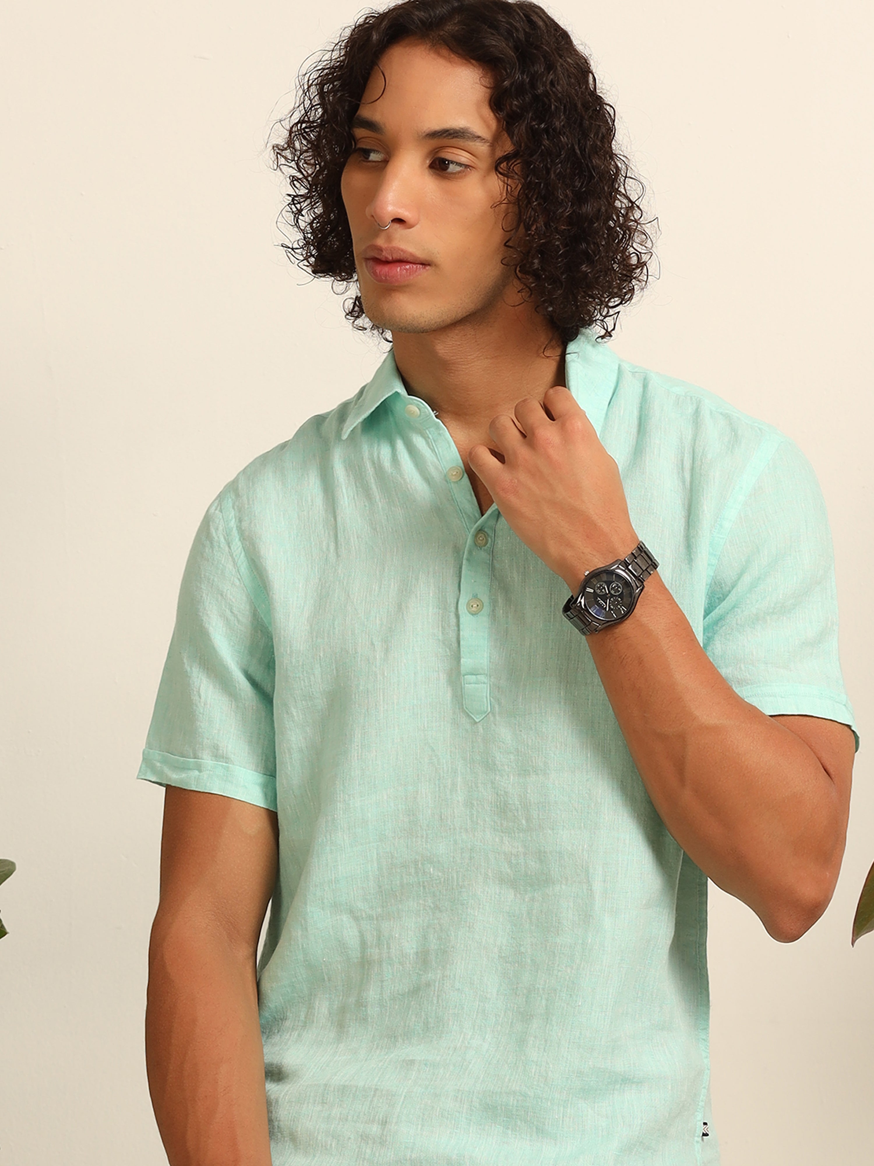 Wave blue 55% linen shirt