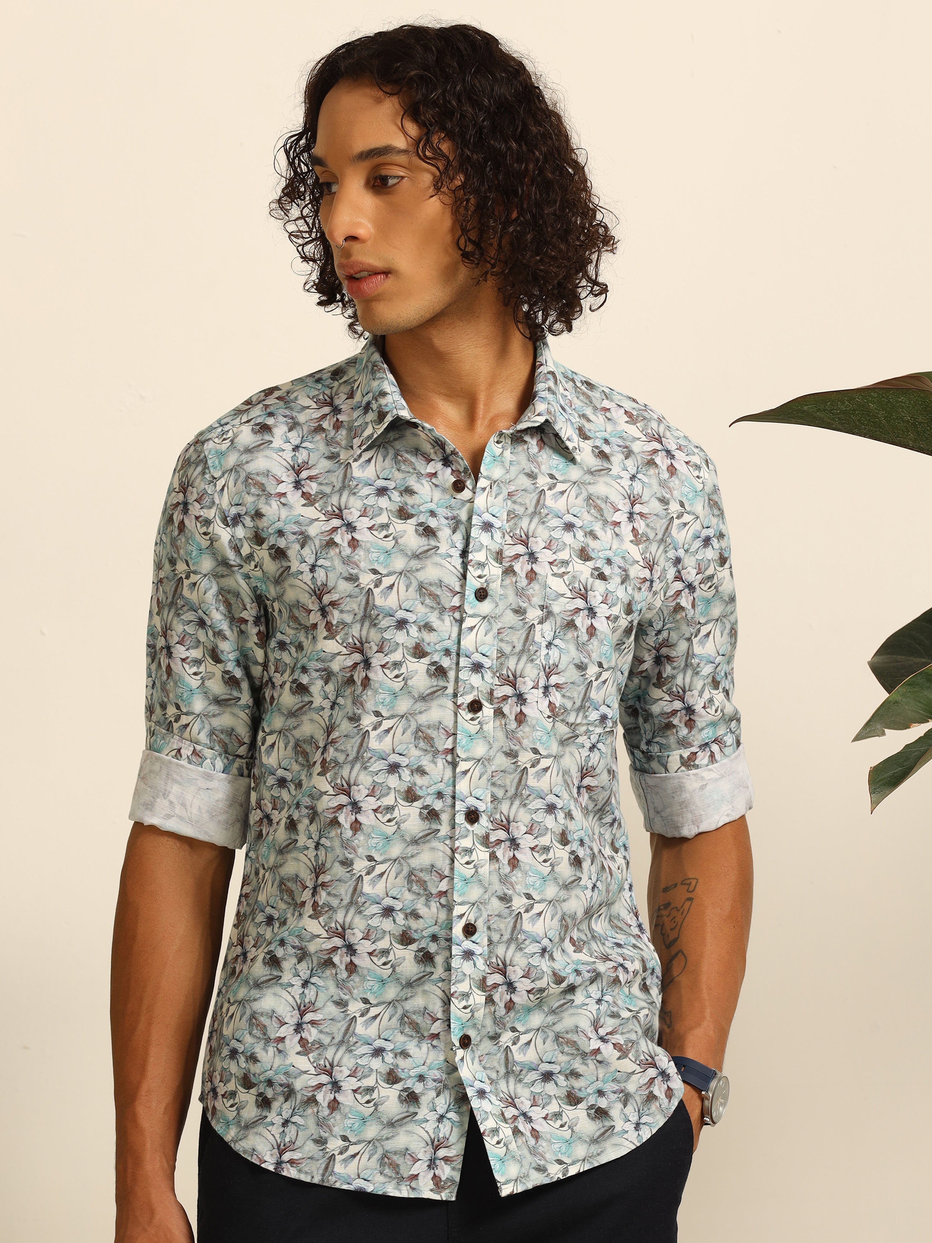 Blue Blossom 100% linen shirt