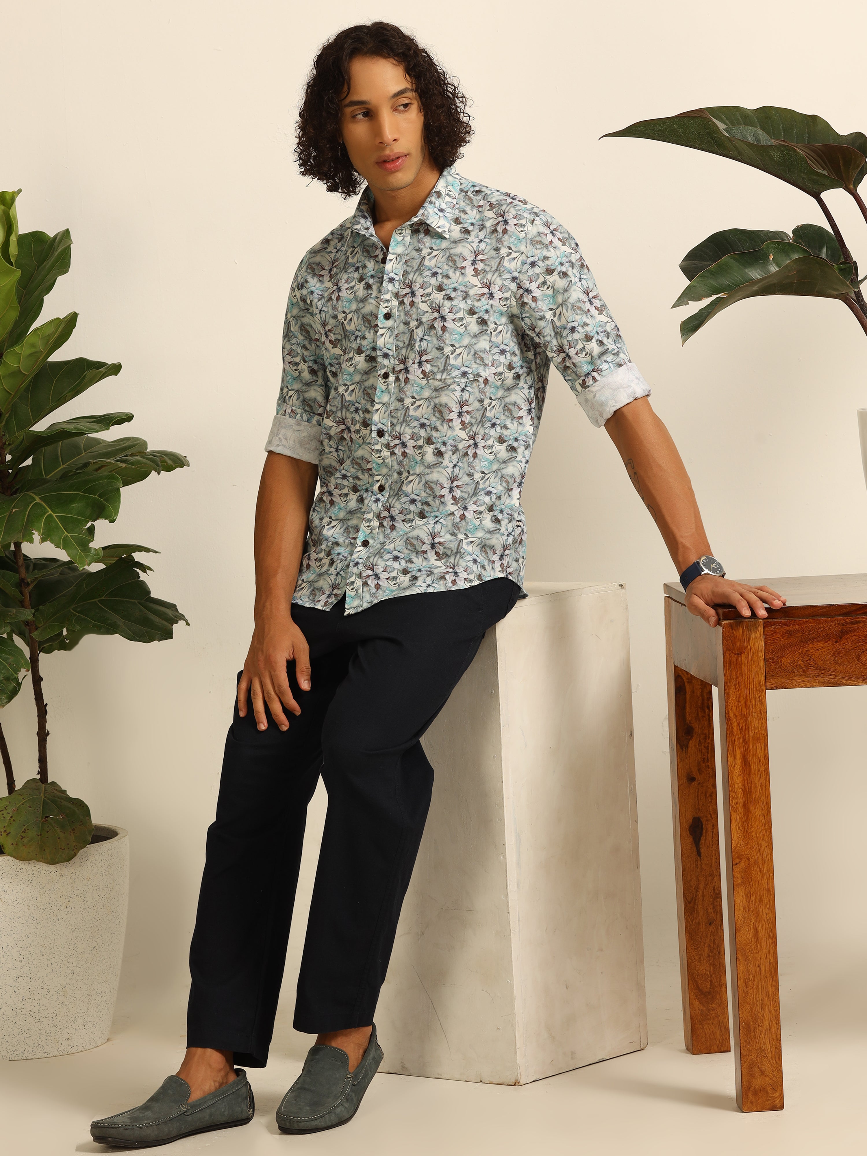 Blue Blossom 100% linen shirt