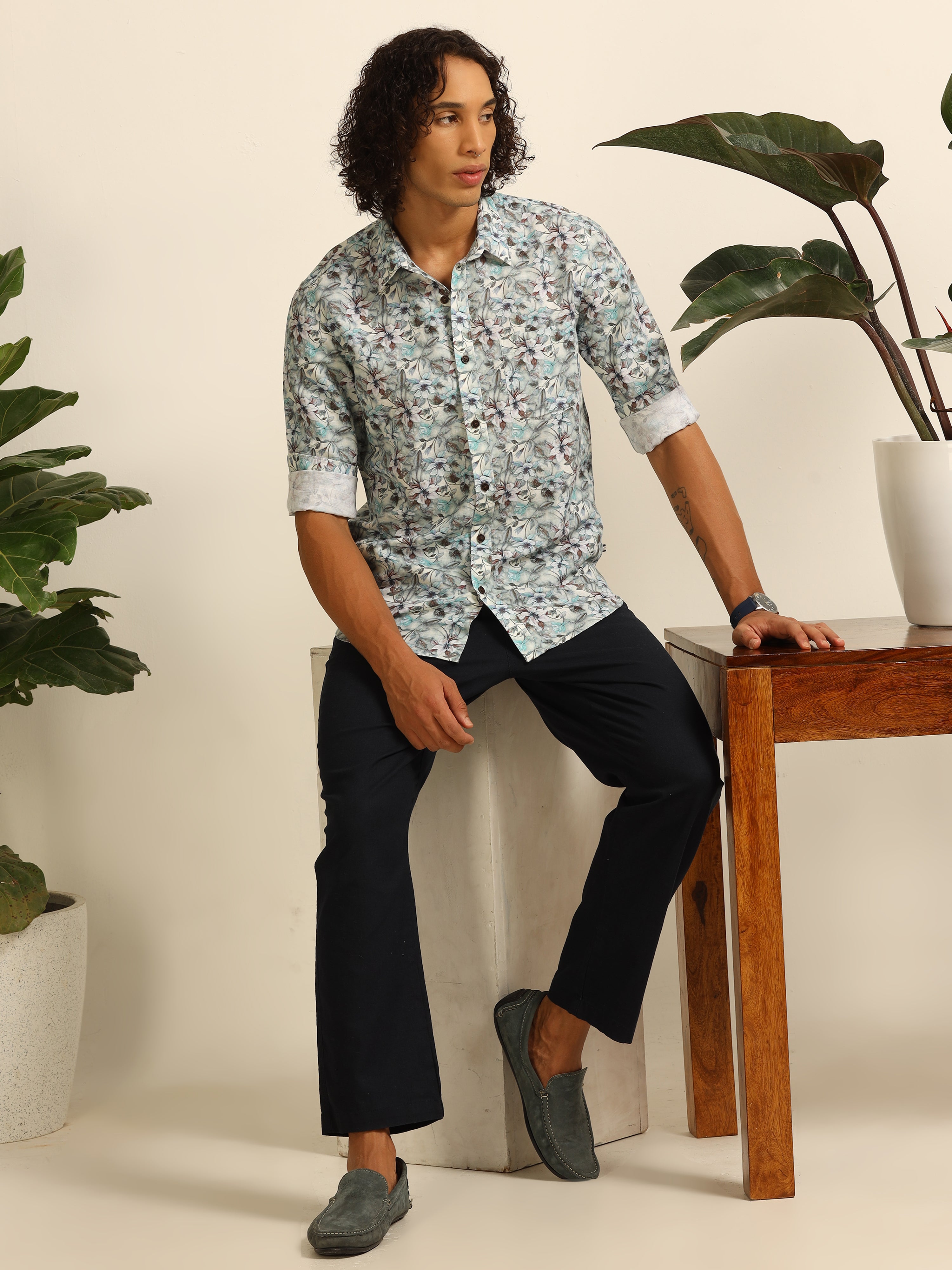 Blue Blossom 100% linen shirt