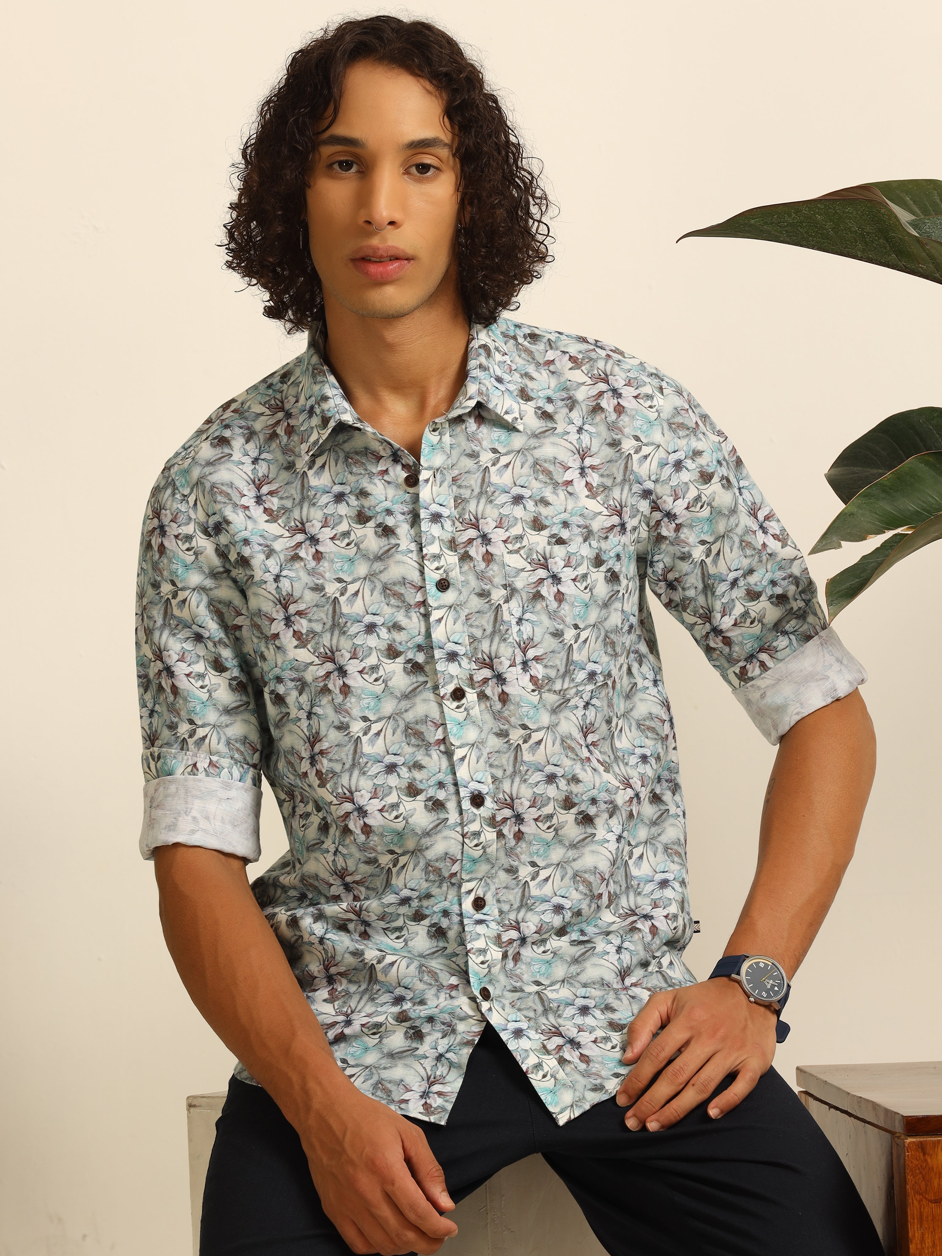 Blue Blossom 100% linen shirt