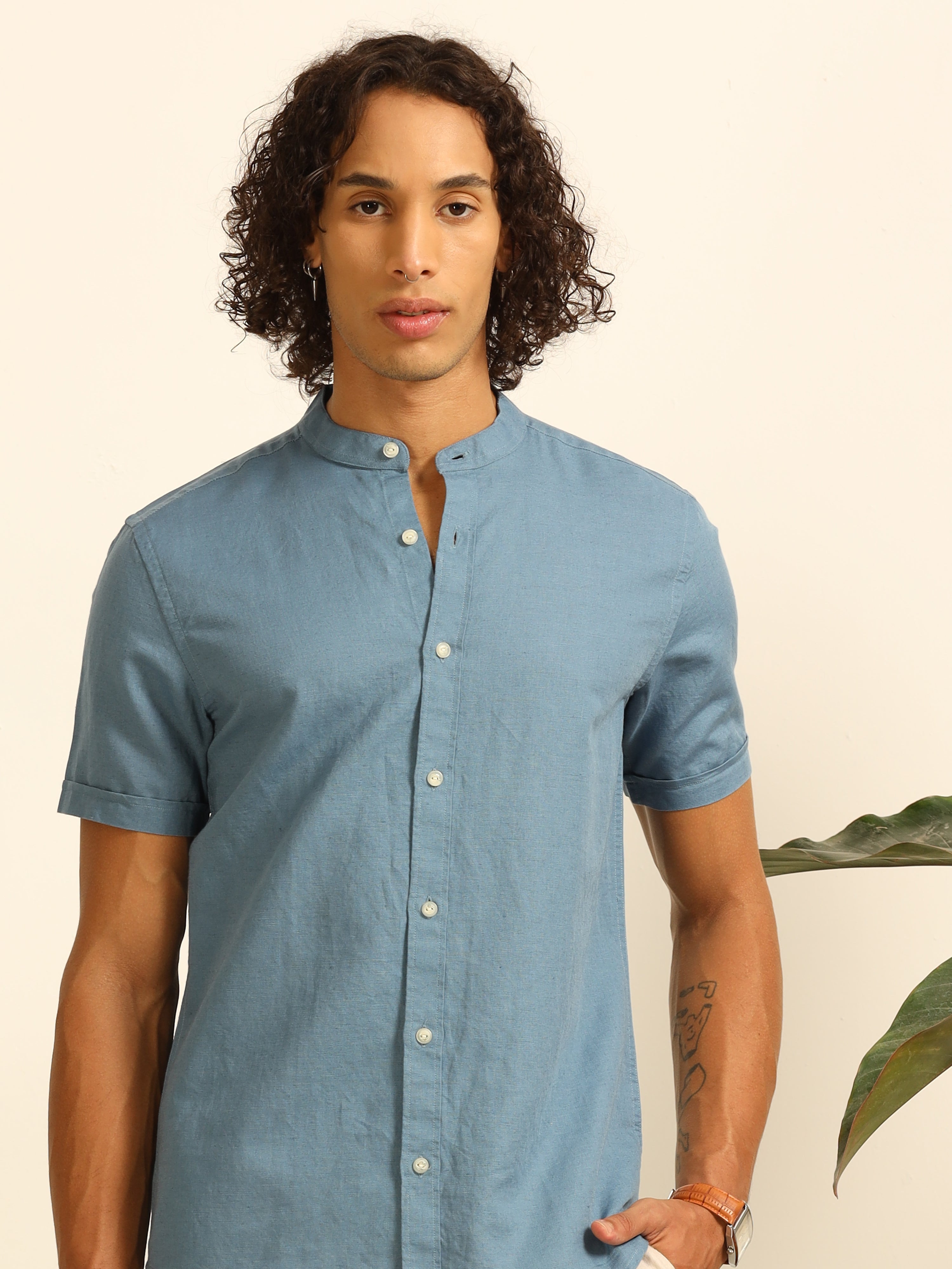 Soothingly blue 100% Cotton-Linen Shirt