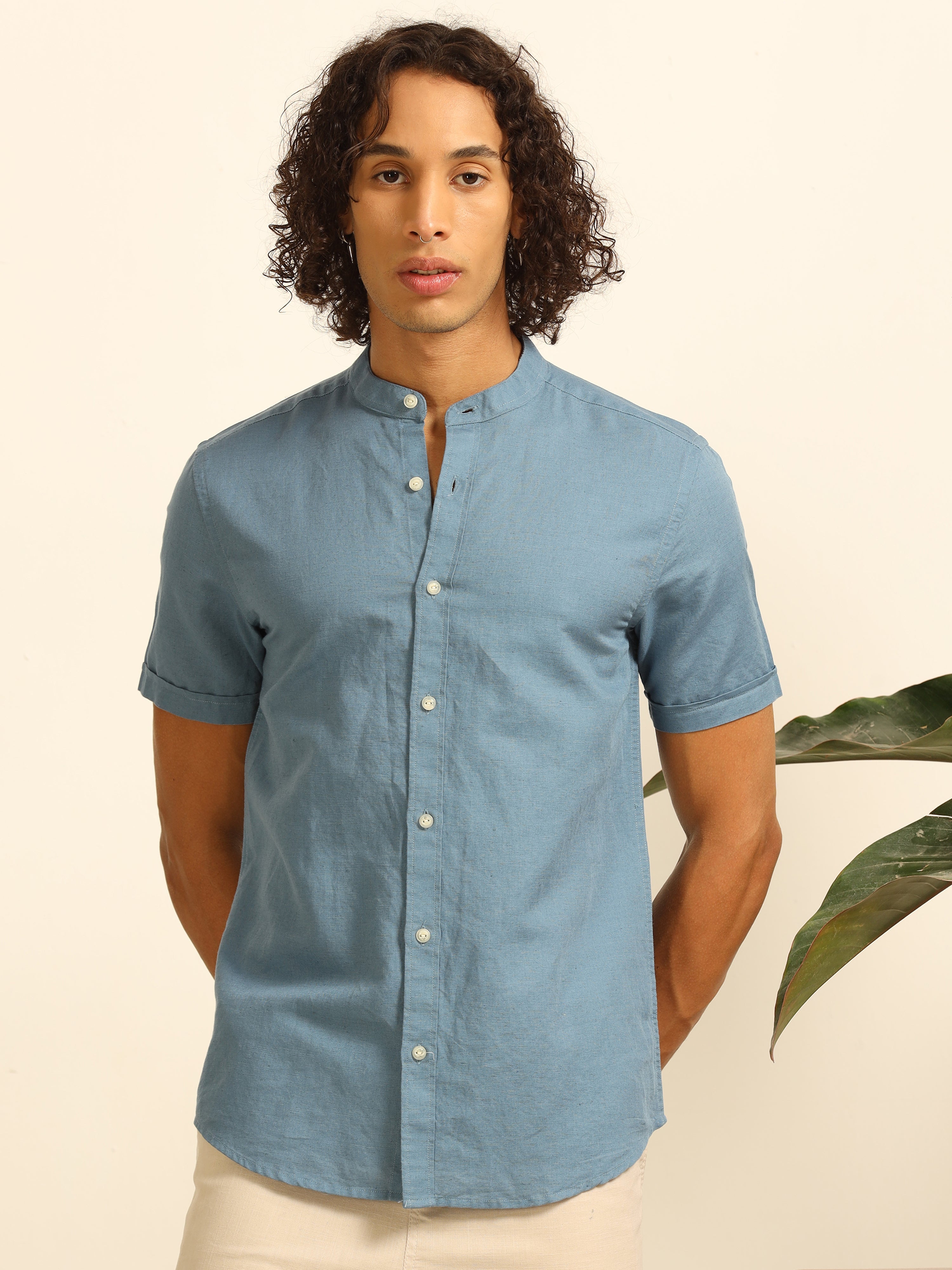 Soothingly blue 100% Cotton-Linen Shirt