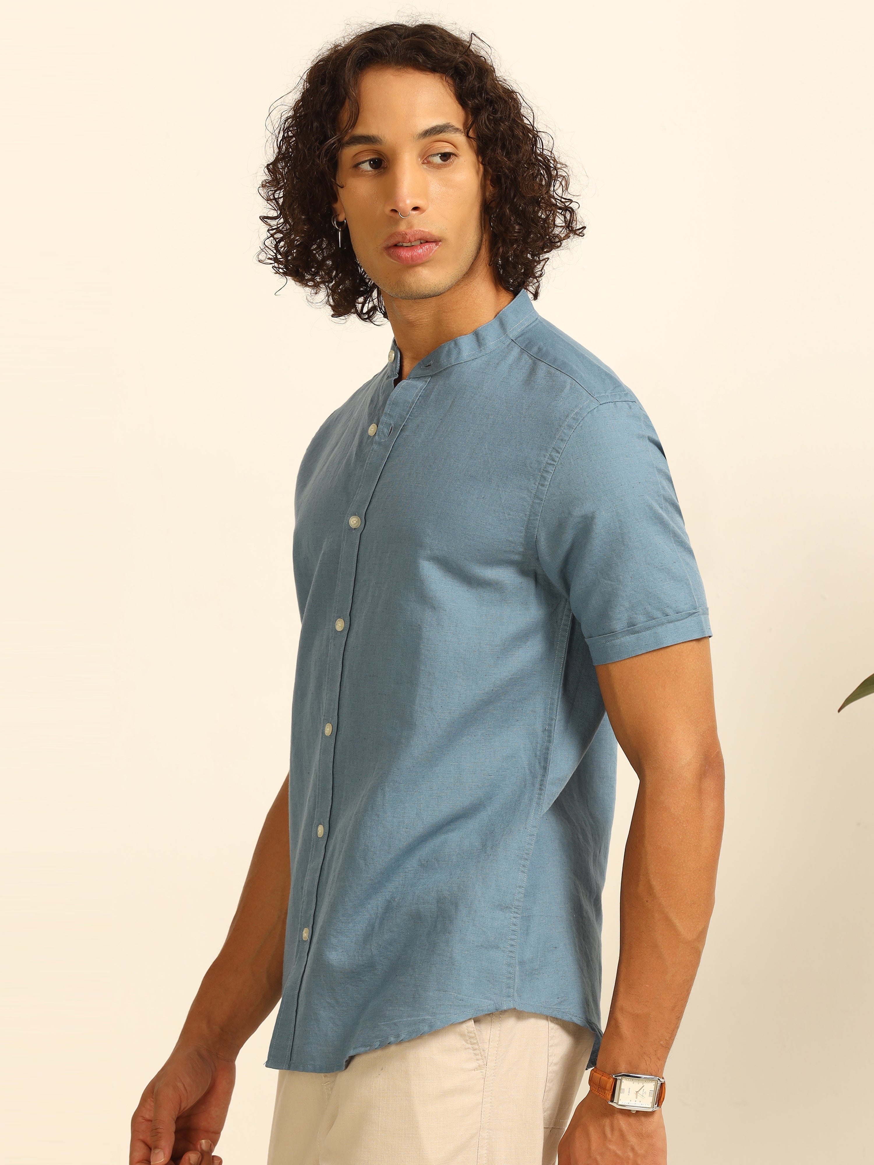 Soothingly blue 100% Cotton-Linen Shirt