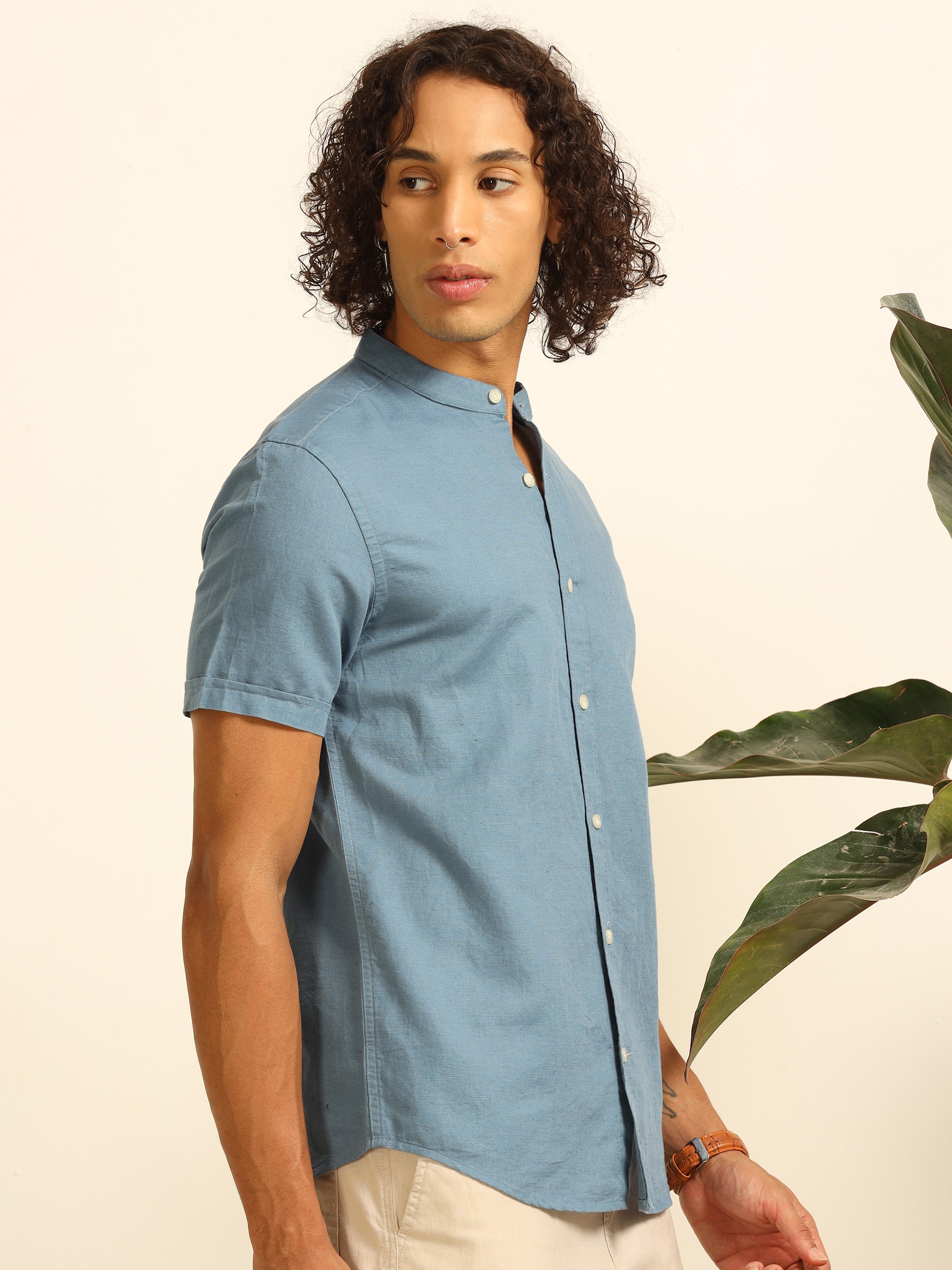 Soothingly blue 100% Cotton-Linen Shirt