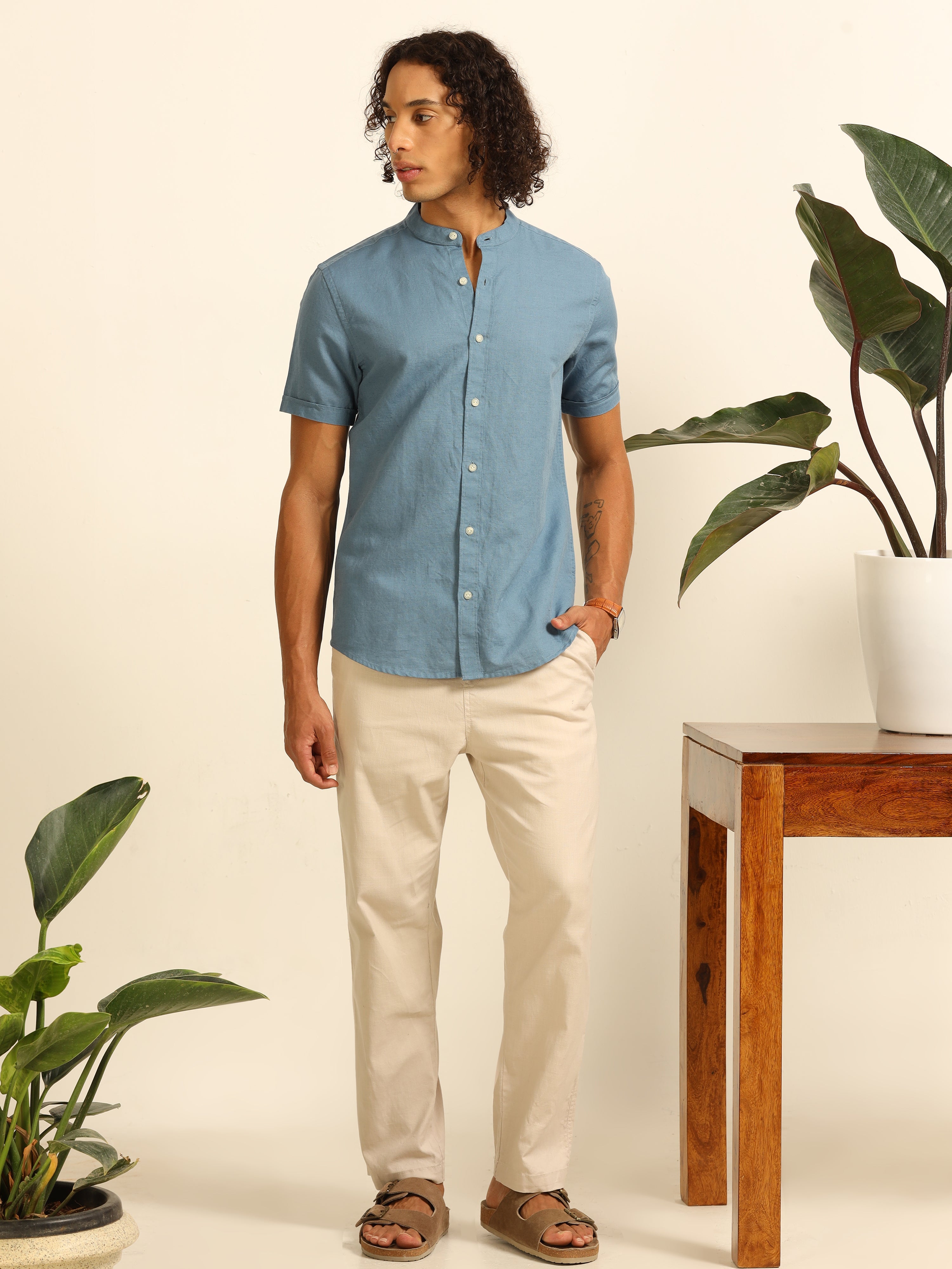 Soothingly blue 100% Cotton-Linen Shirt