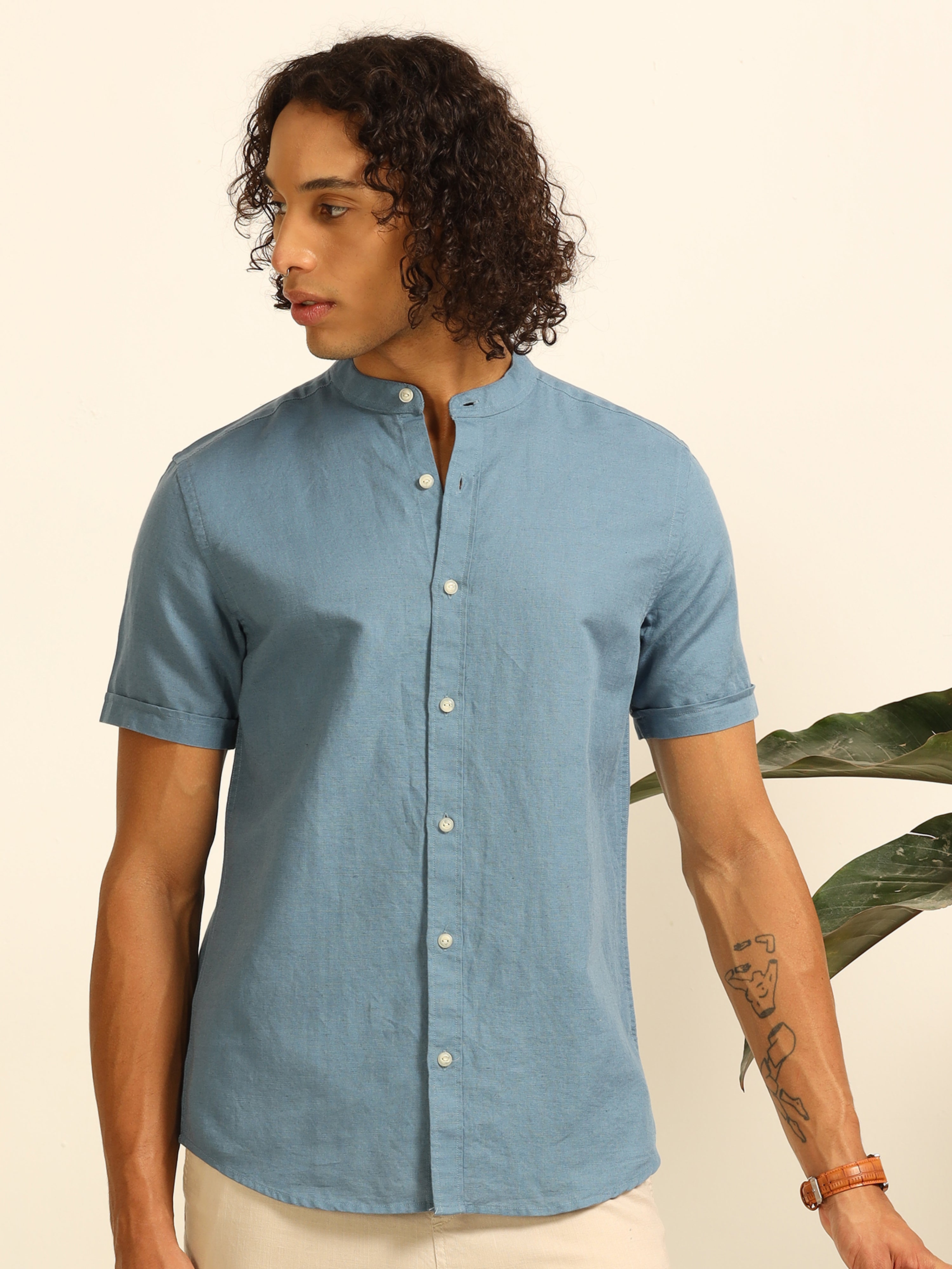 Soothingly blue 100% Cotton-Linen Shirt