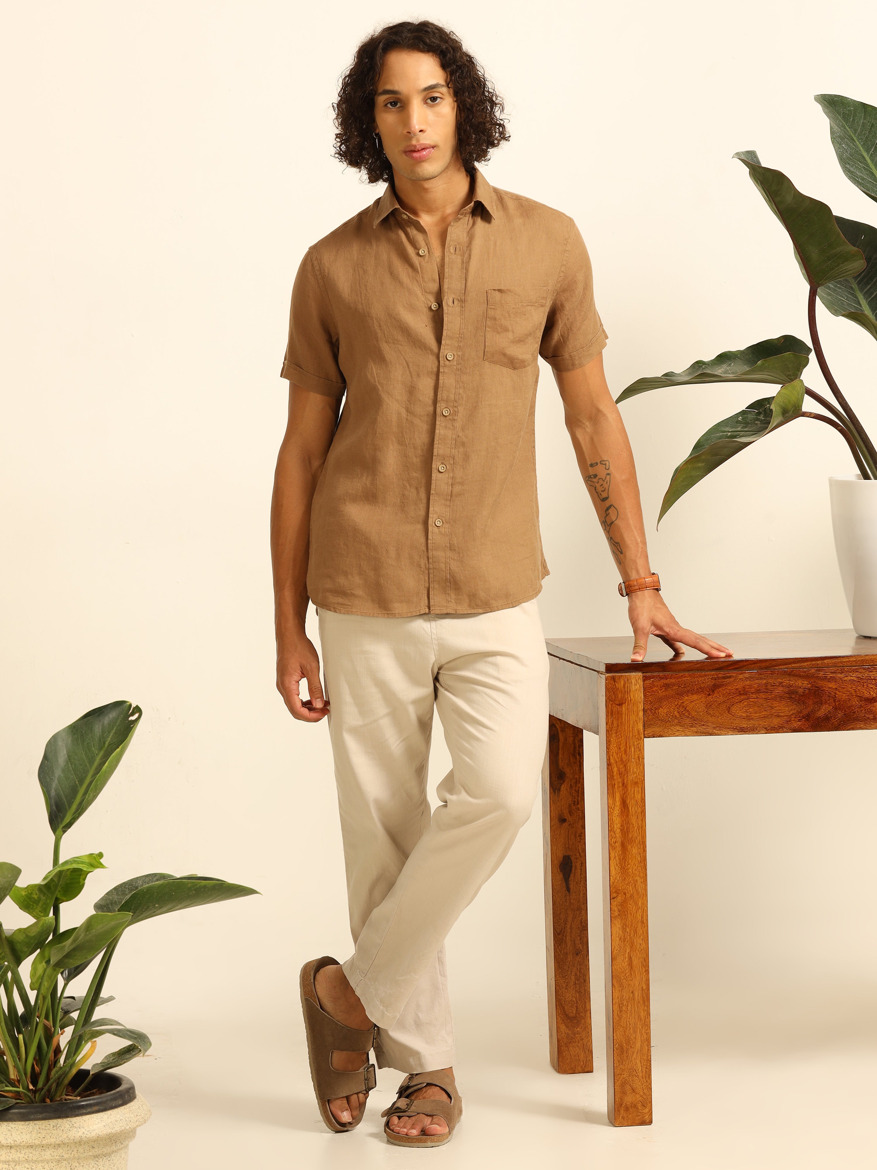 Khaki Hues 55% linen shirt