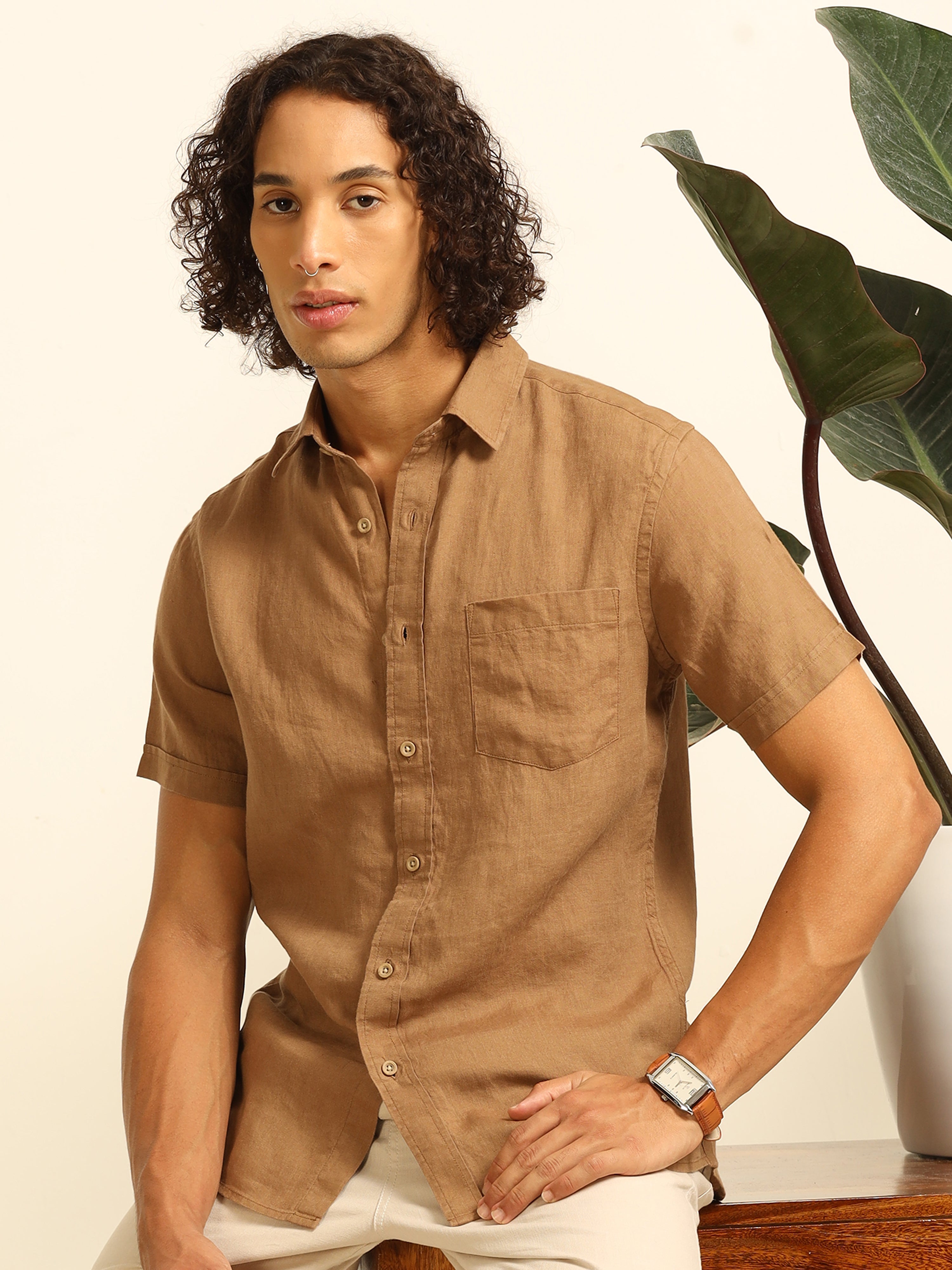 Khaki Hues 55% linen shirt