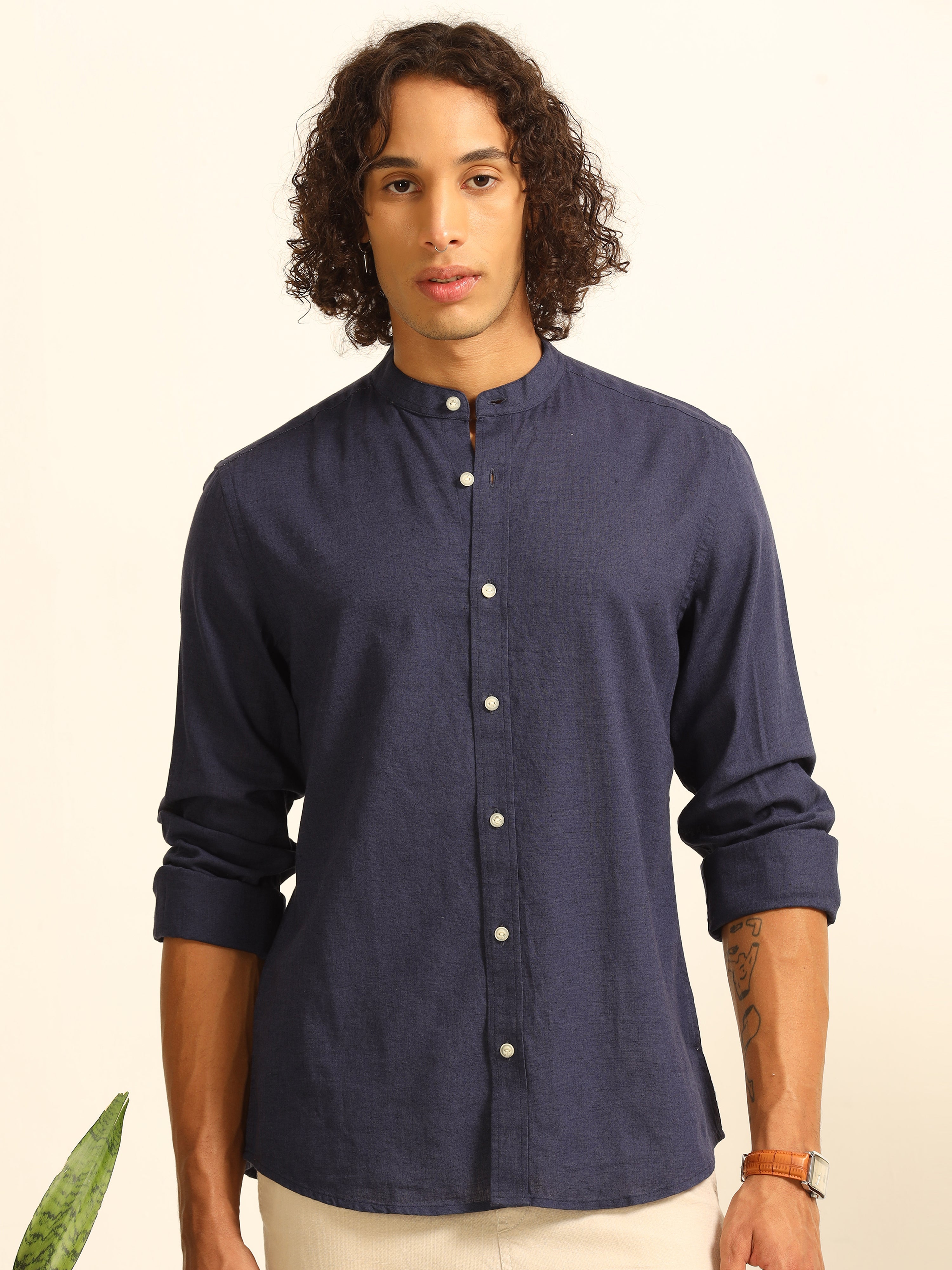 Royal Elegance: Regal 100% Cotton-Linen Blue Shirt