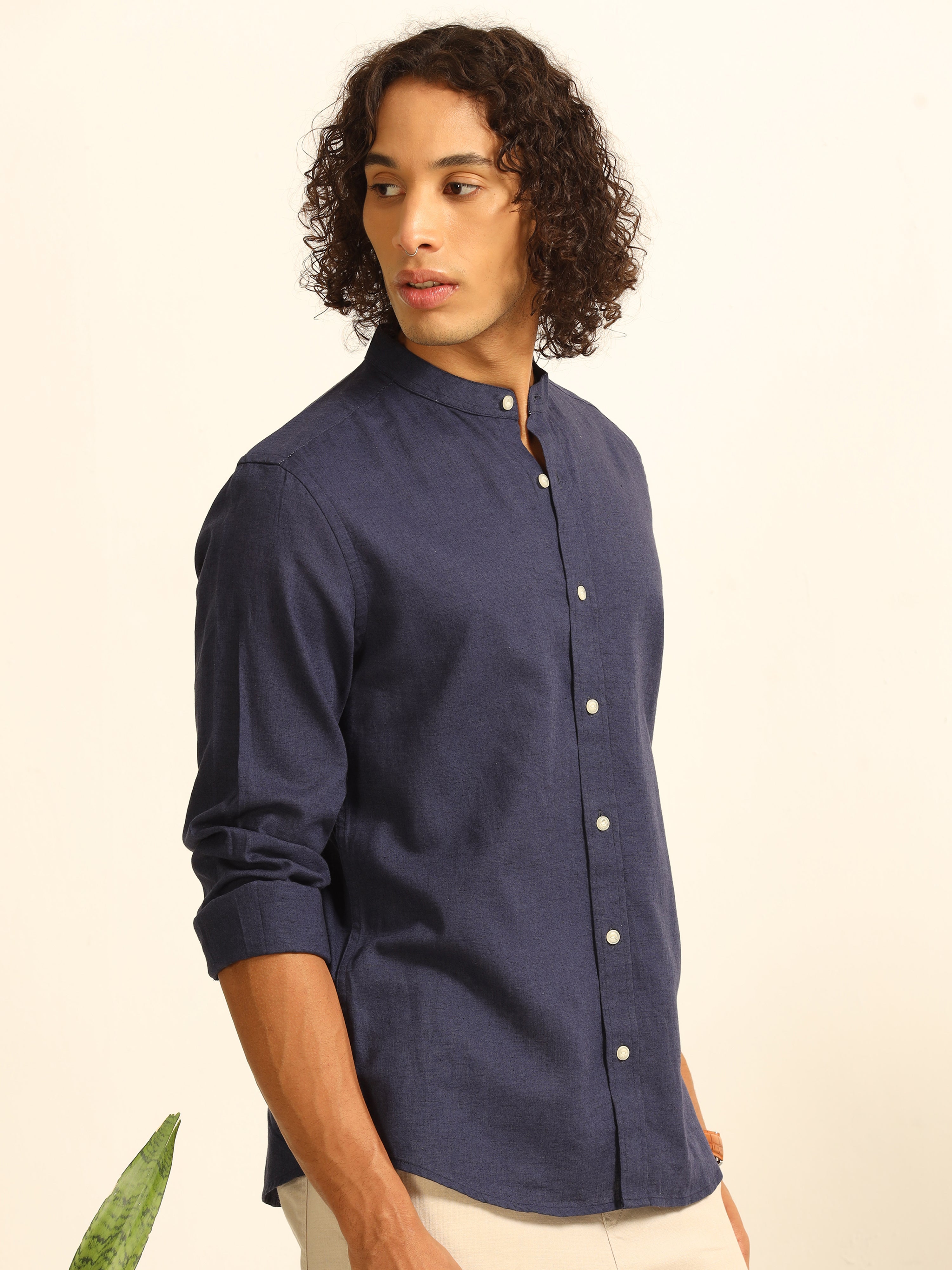 Royal Elegance: Regal 100% Cotton-Linen Blue Shirt