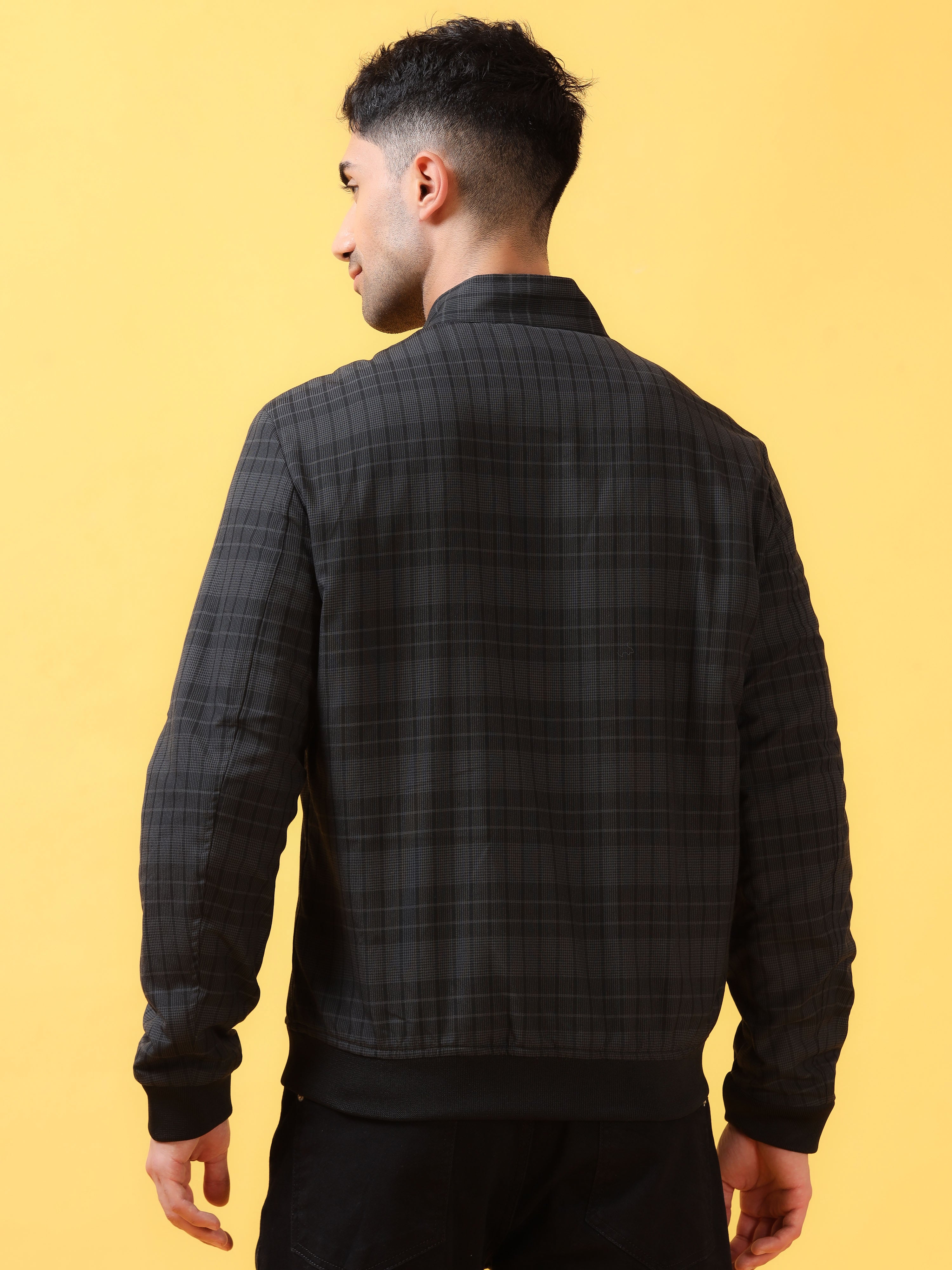 Sleek Black Plaid Bomber