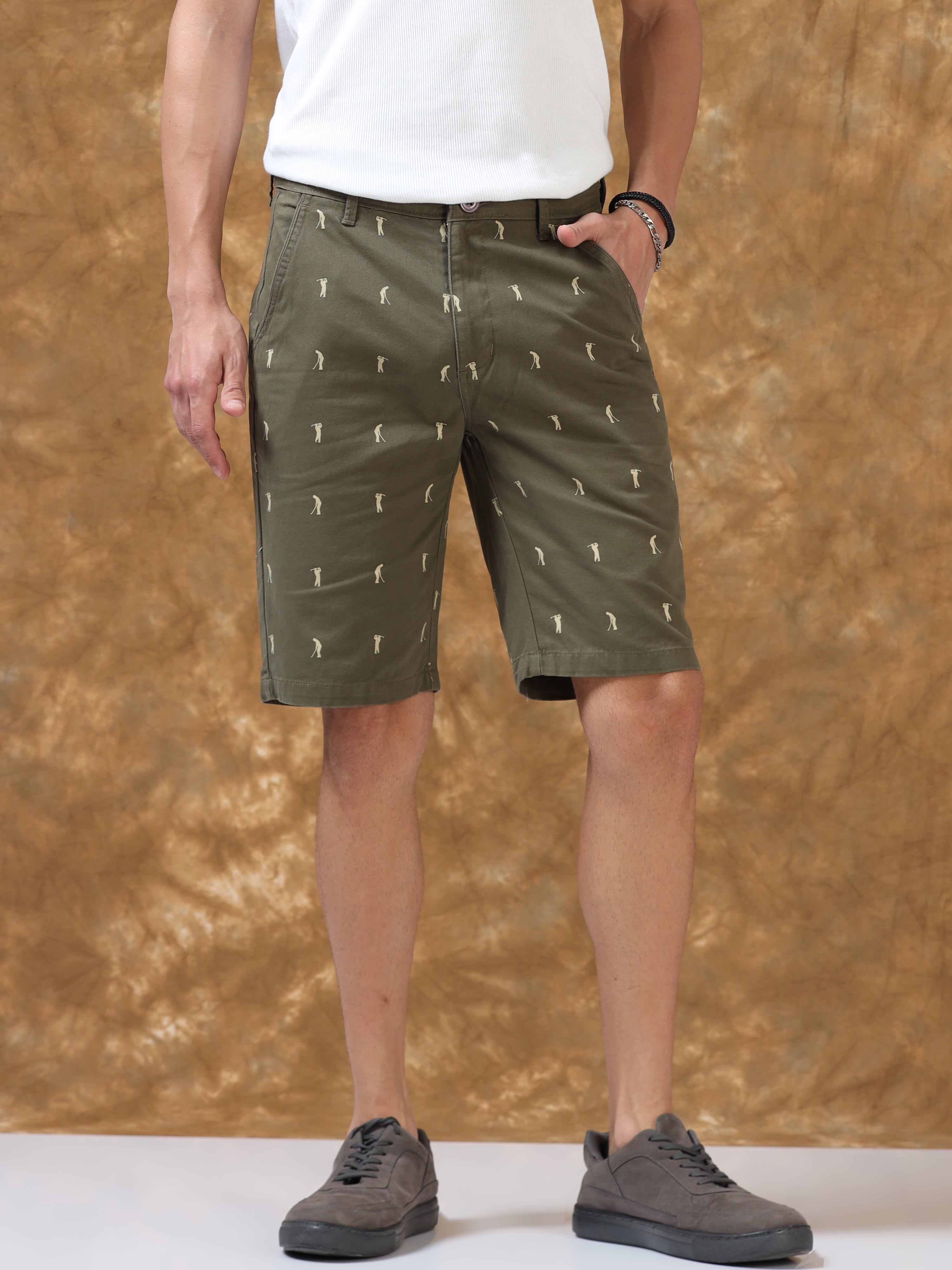 Refined Olive Printed Cotton Shorts