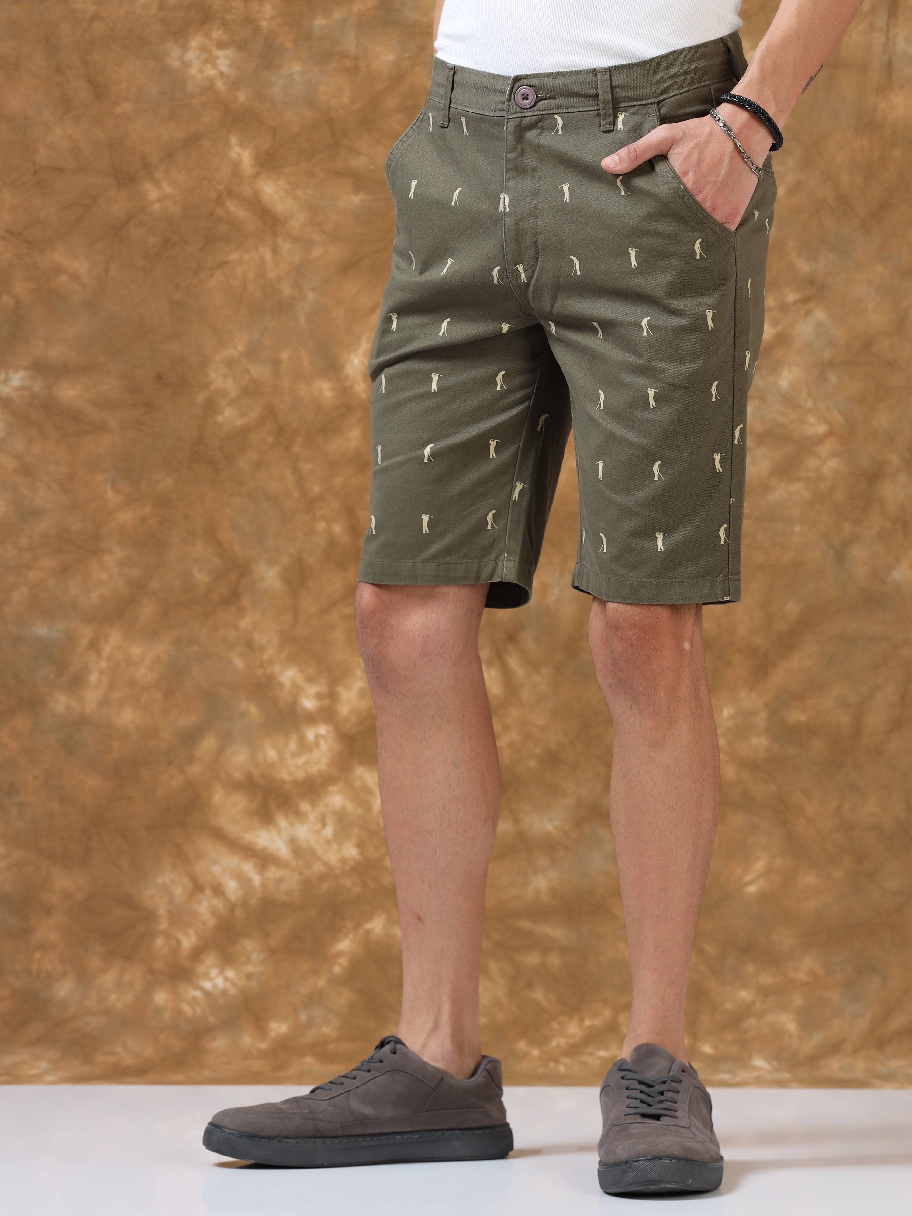 Refined Olive Printed Cotton Shorts