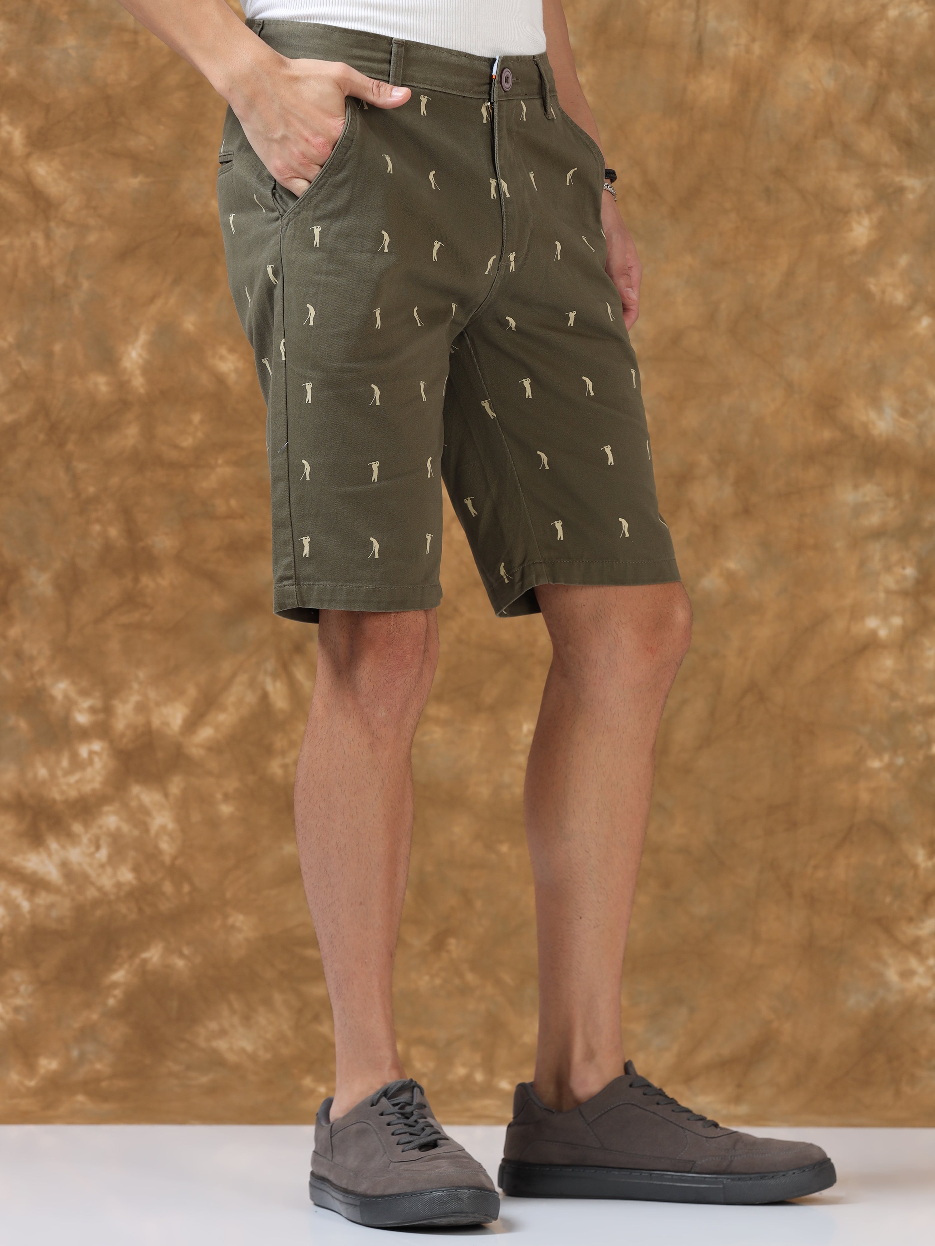 Refined Olive Printed Cotton Shorts