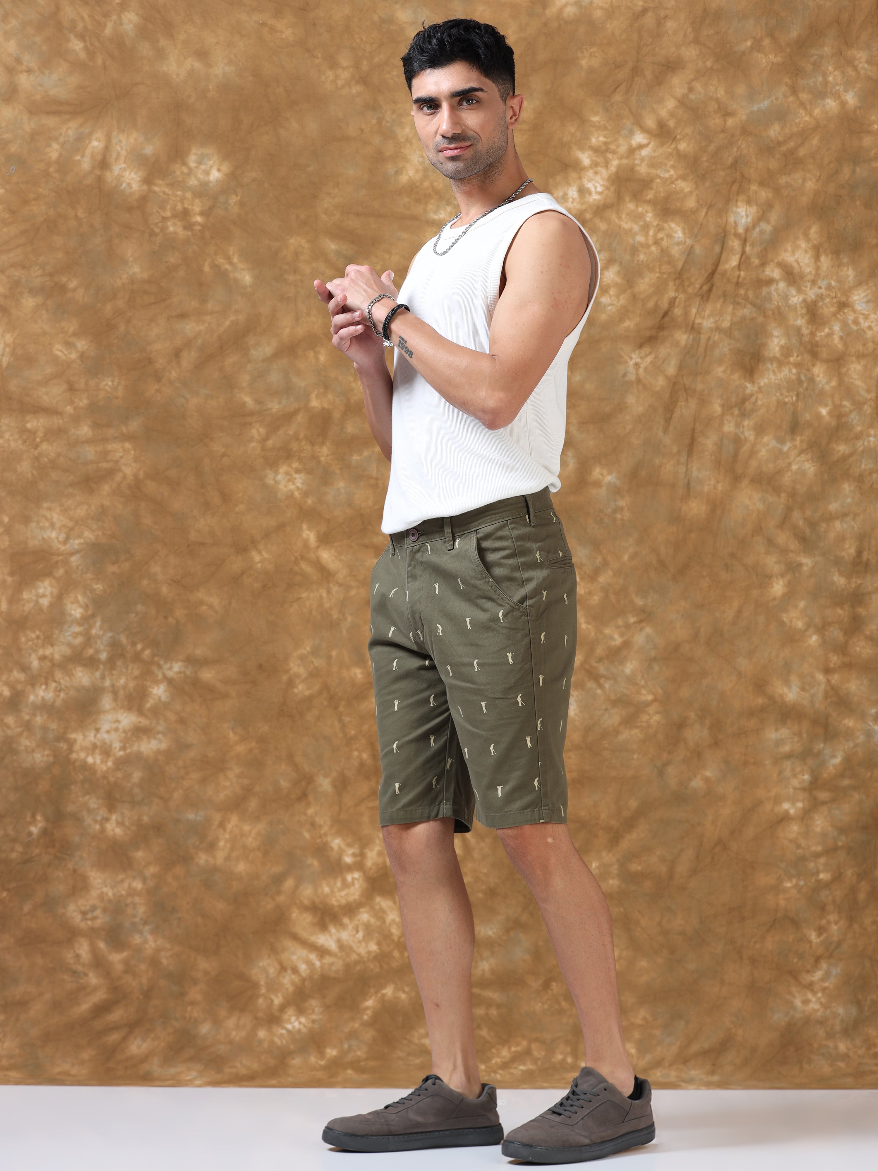 Refined Olive Printed Cotton Shorts