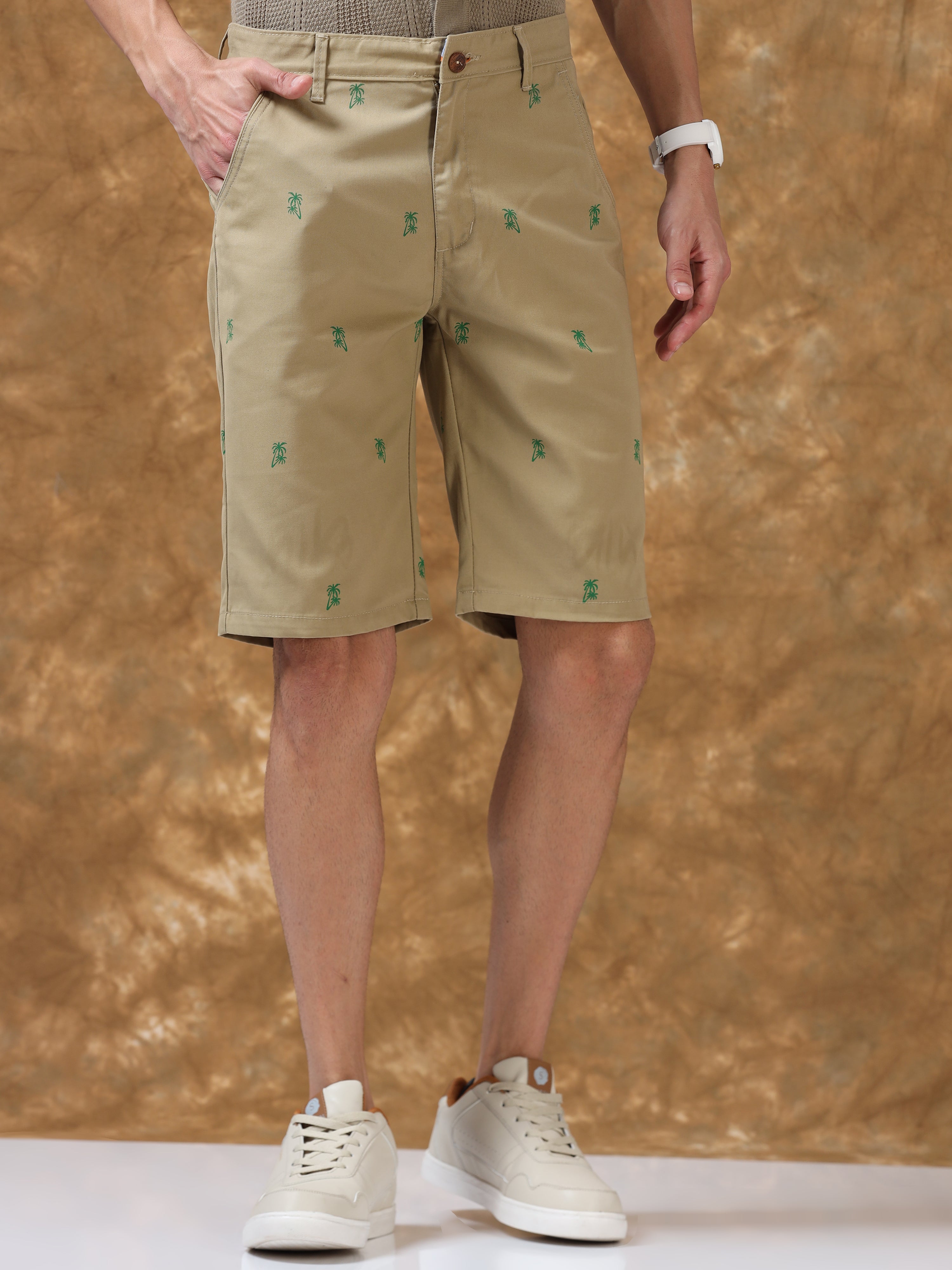 Khaki Printed Cotton Shorts