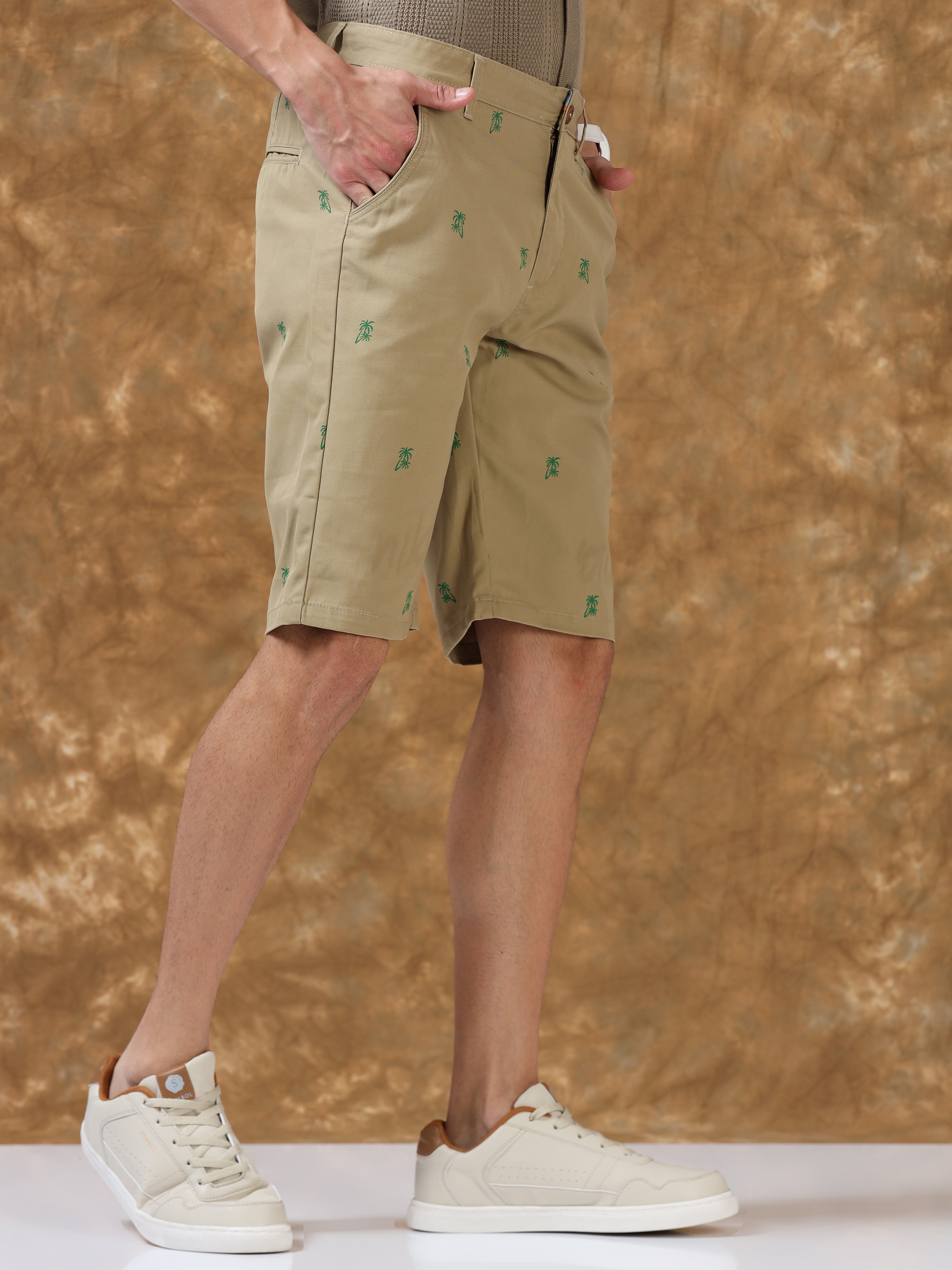 Khaki Printed Cotton Shorts