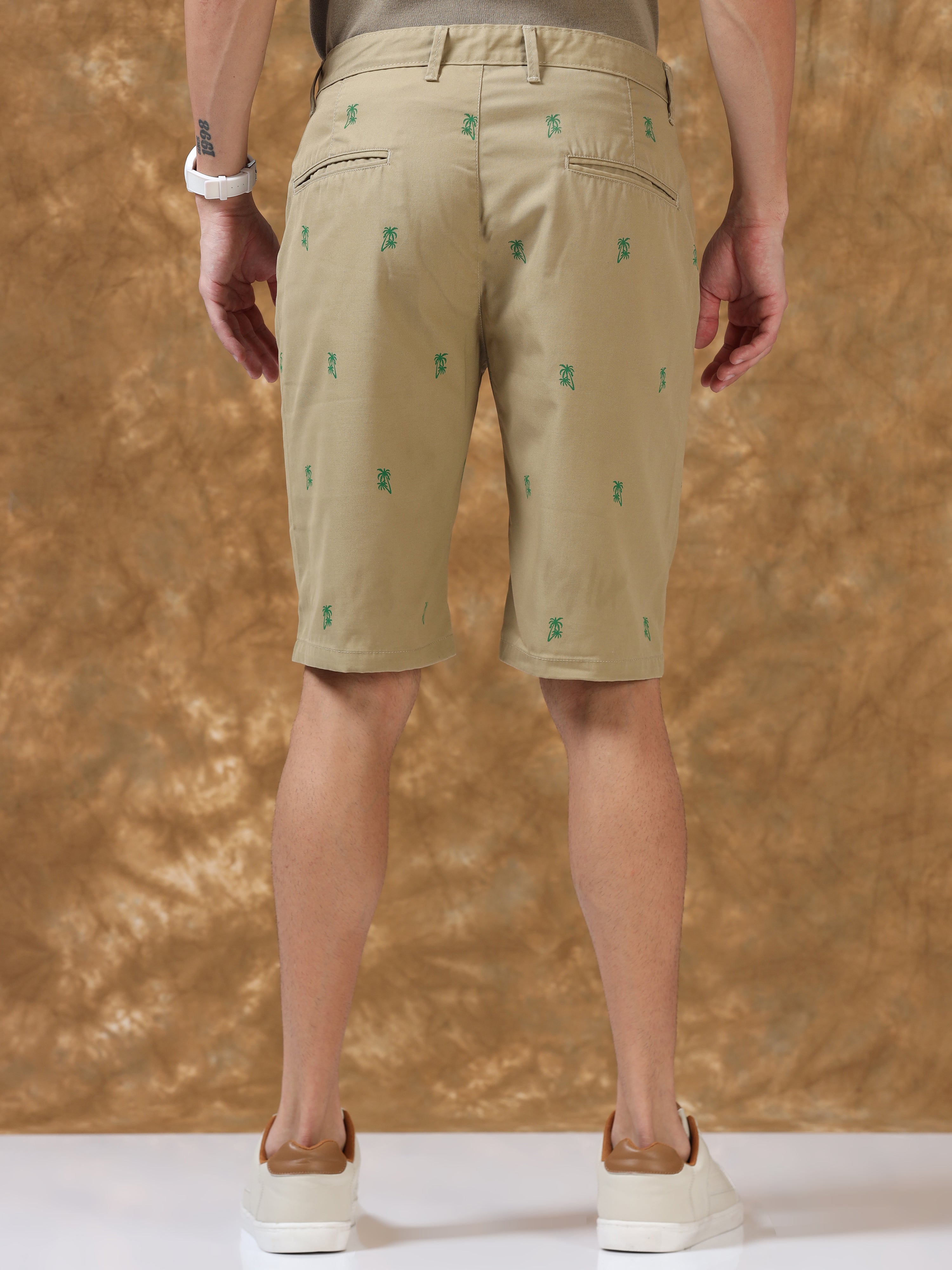 Khaki Printed Cotton Shorts