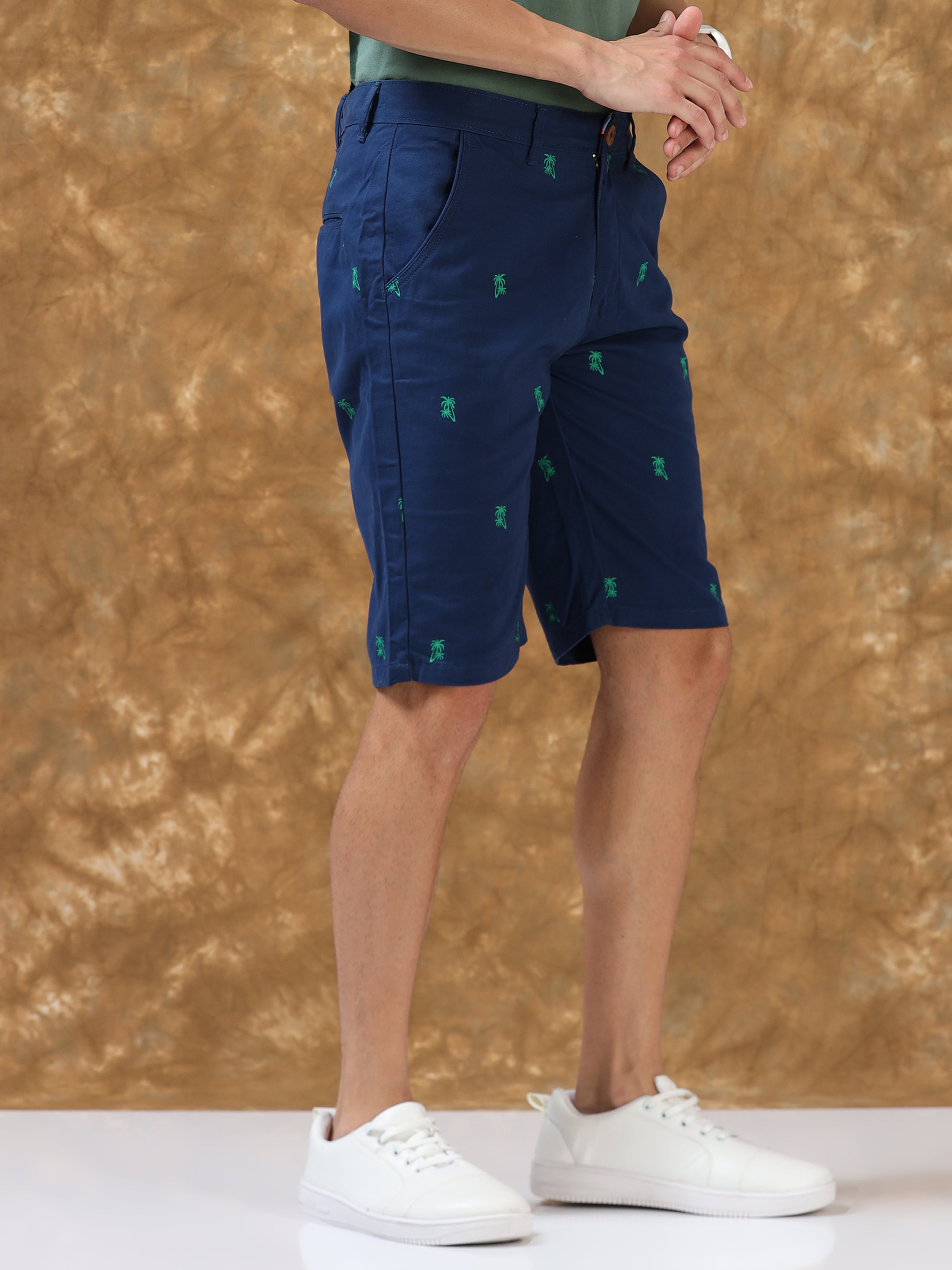 Casual Blue Printed Cotton Shorts