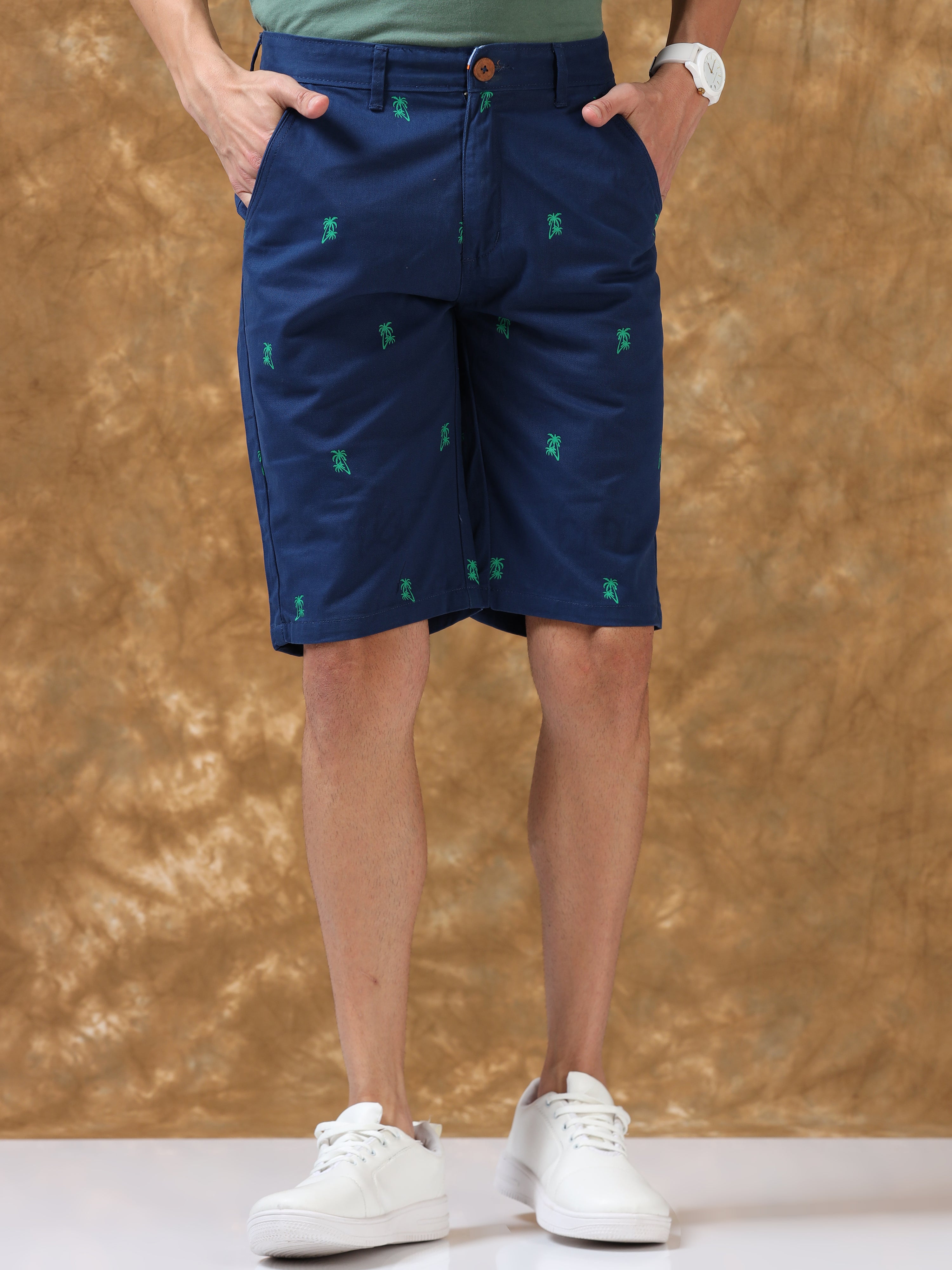 Casual Blue Printed Cotton Shorts