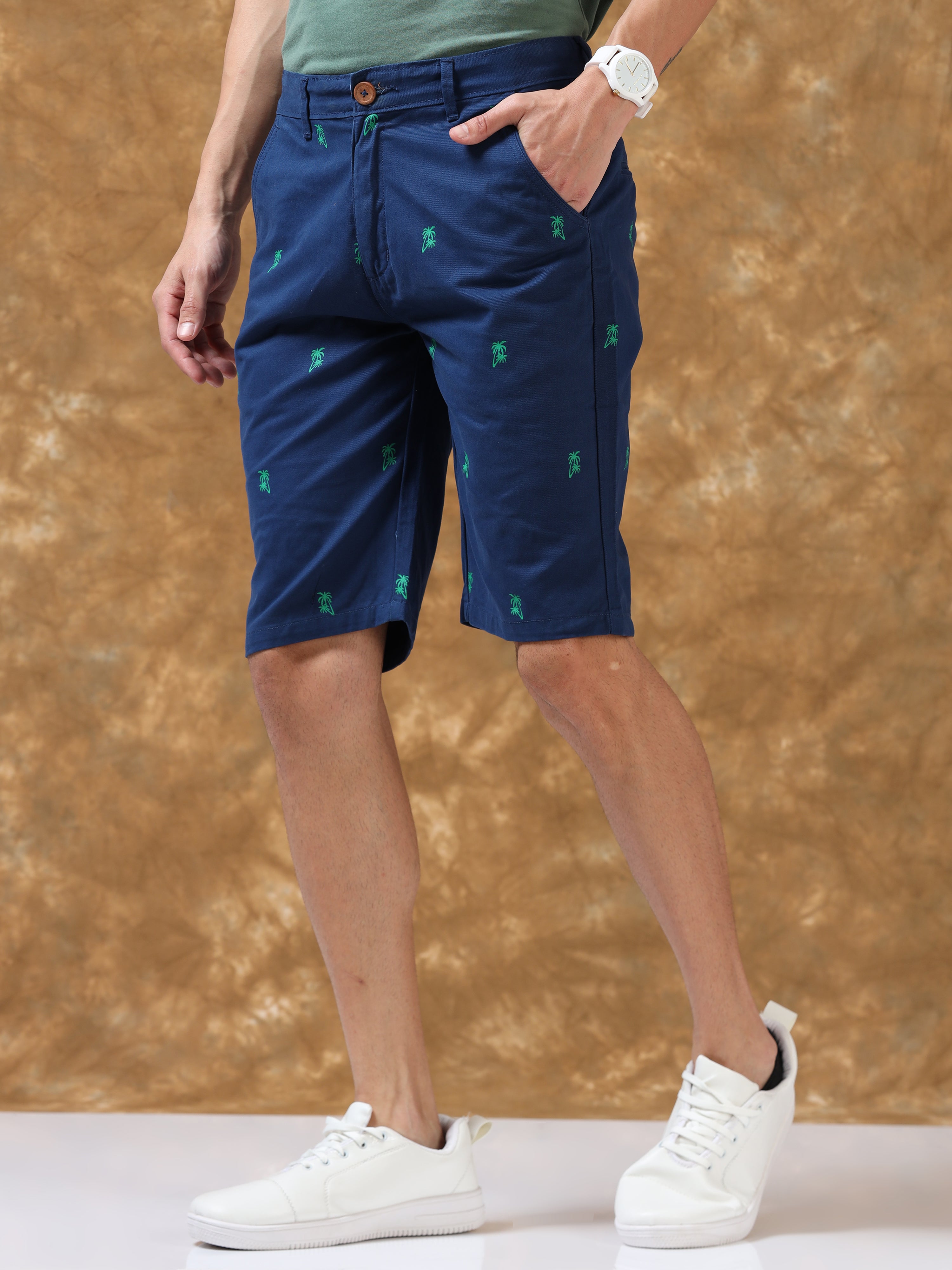 Casual Blue Printed Cotton Shorts