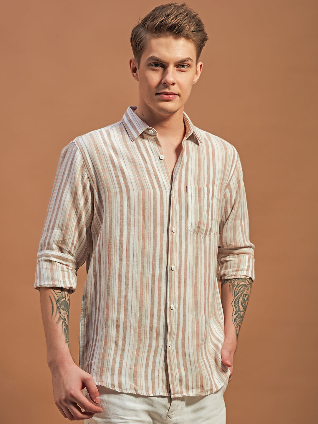 Peach Whisper Striped Linen Shirt